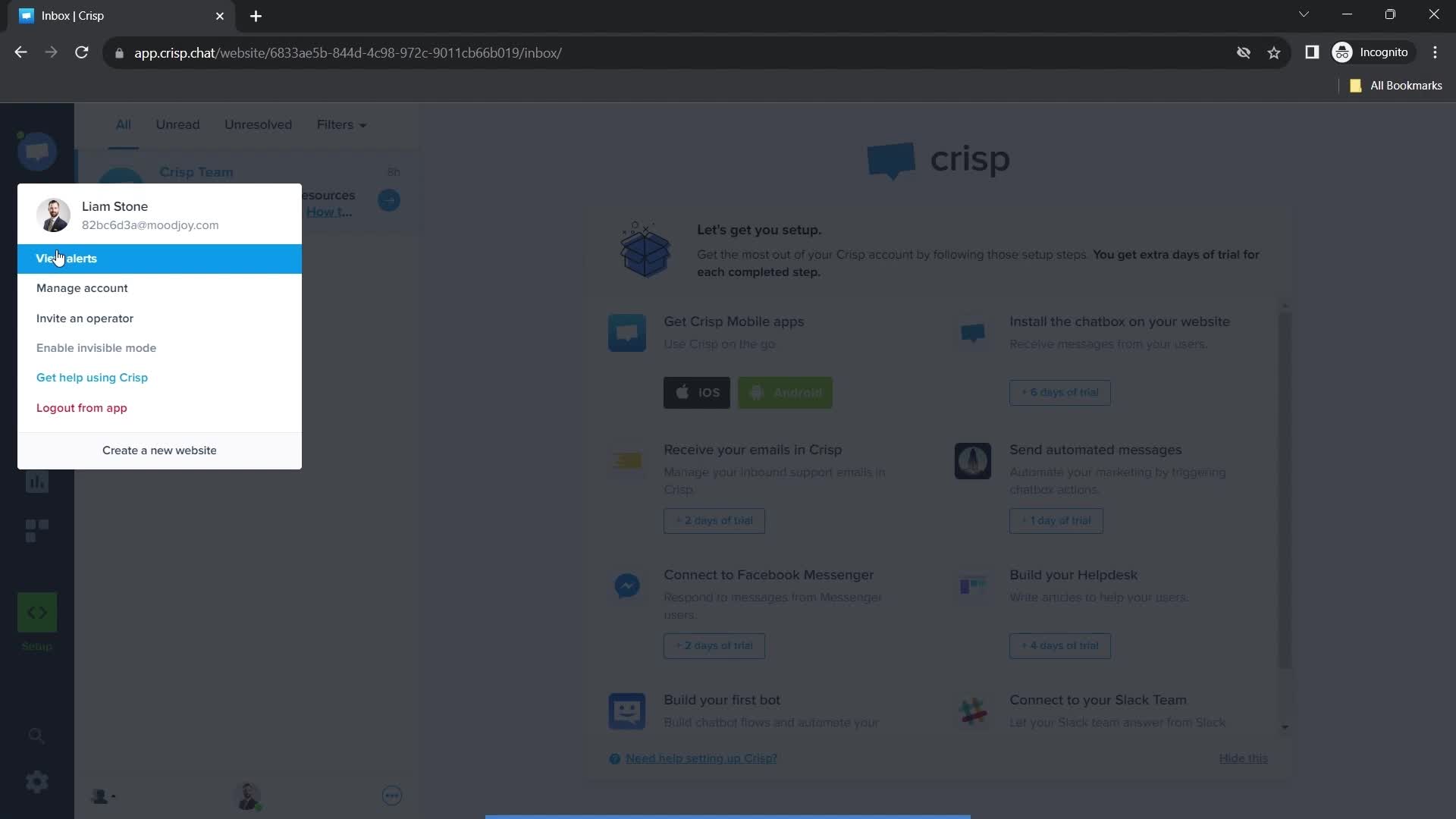 Crisp account menu screenshot