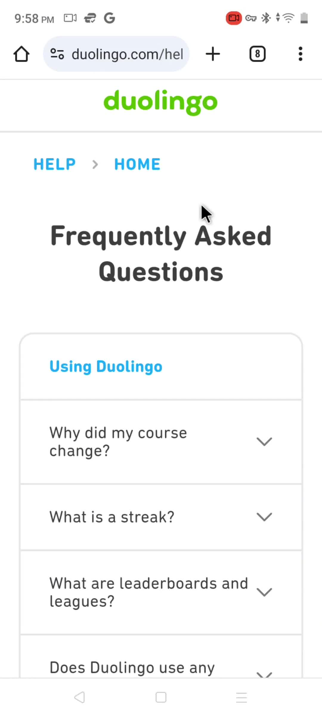 Duolingo help center screenshot