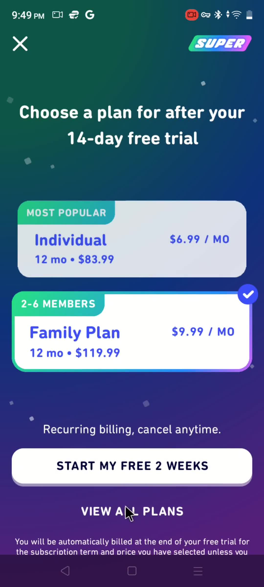 Duolingo select plan screenshot