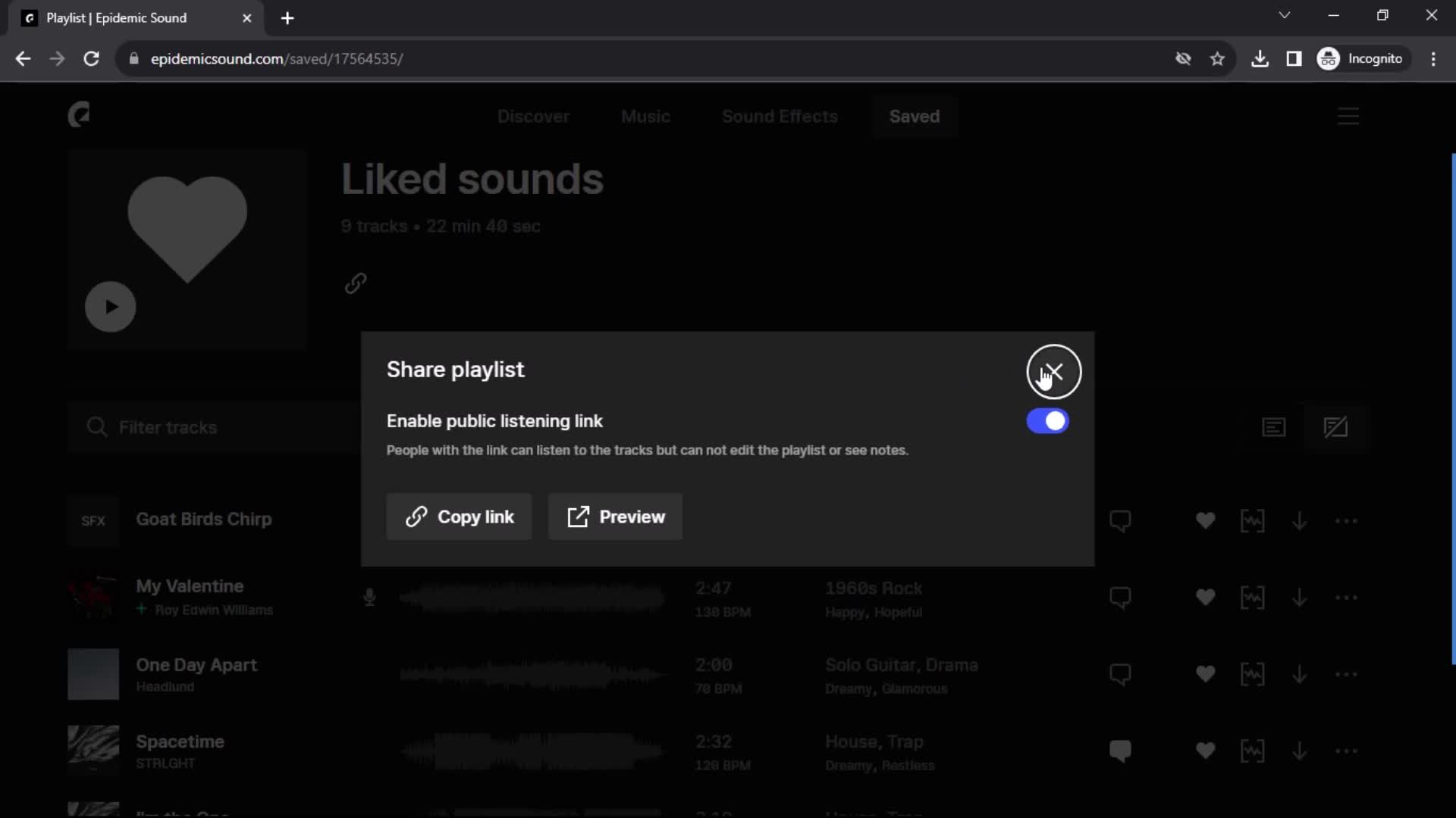 Epidemic Sound share screenshot
