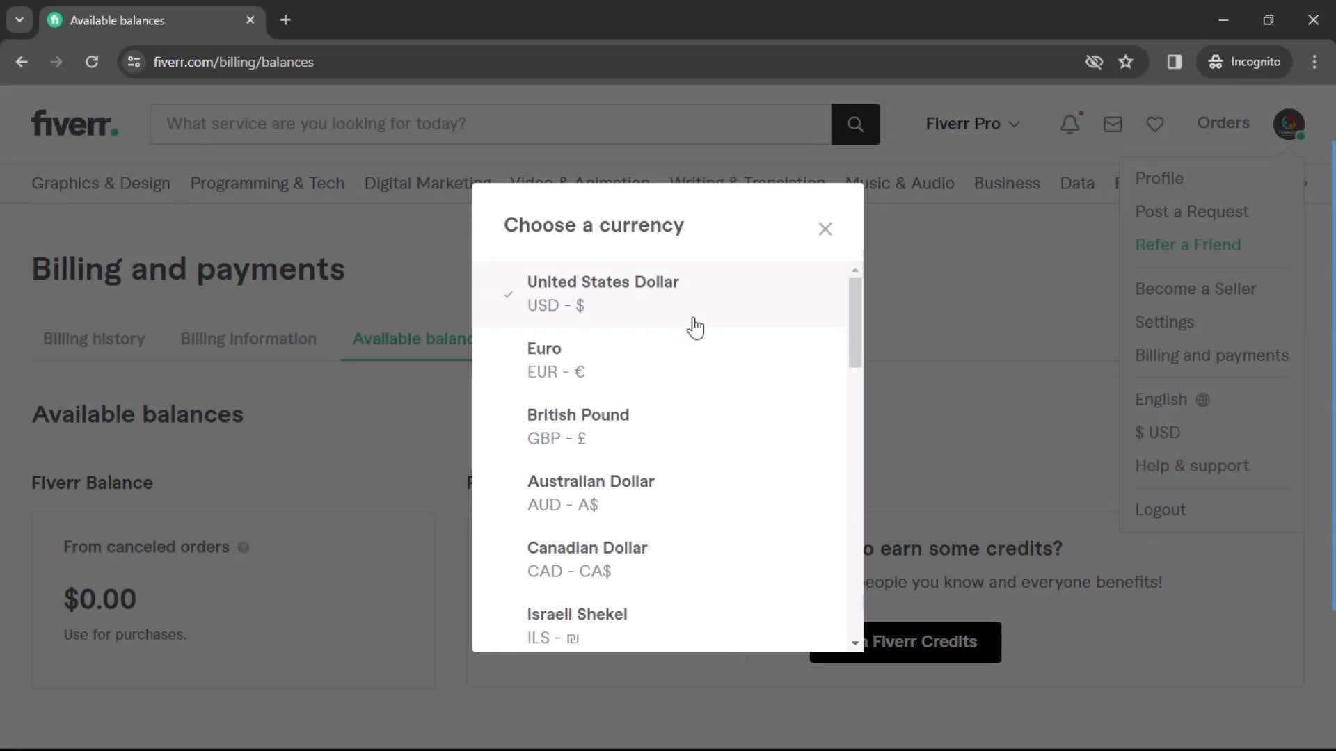 Fiverr choose currency screenshot