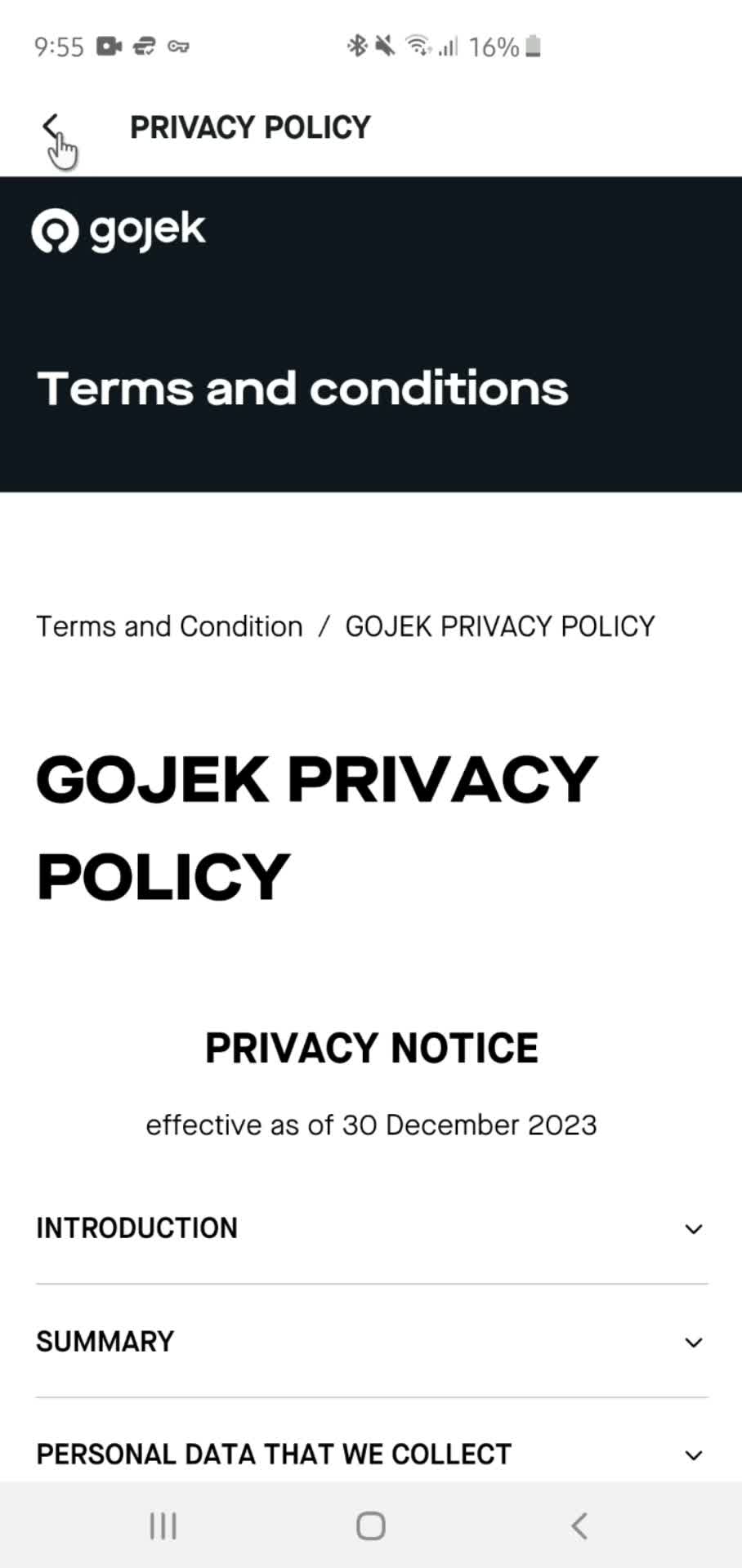 Gojek privacy policy screenshot