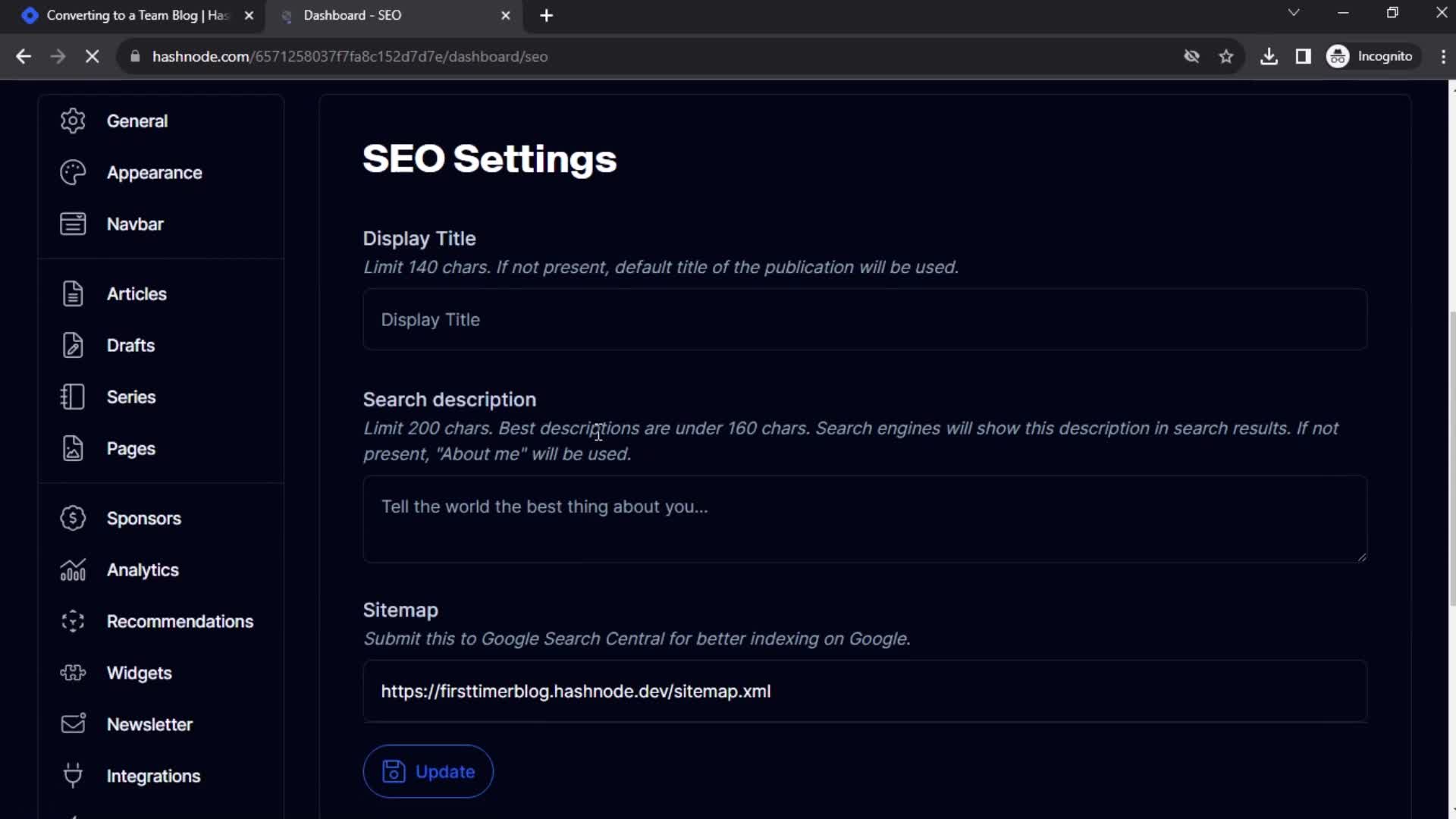 Hashnode seo settings screenshot