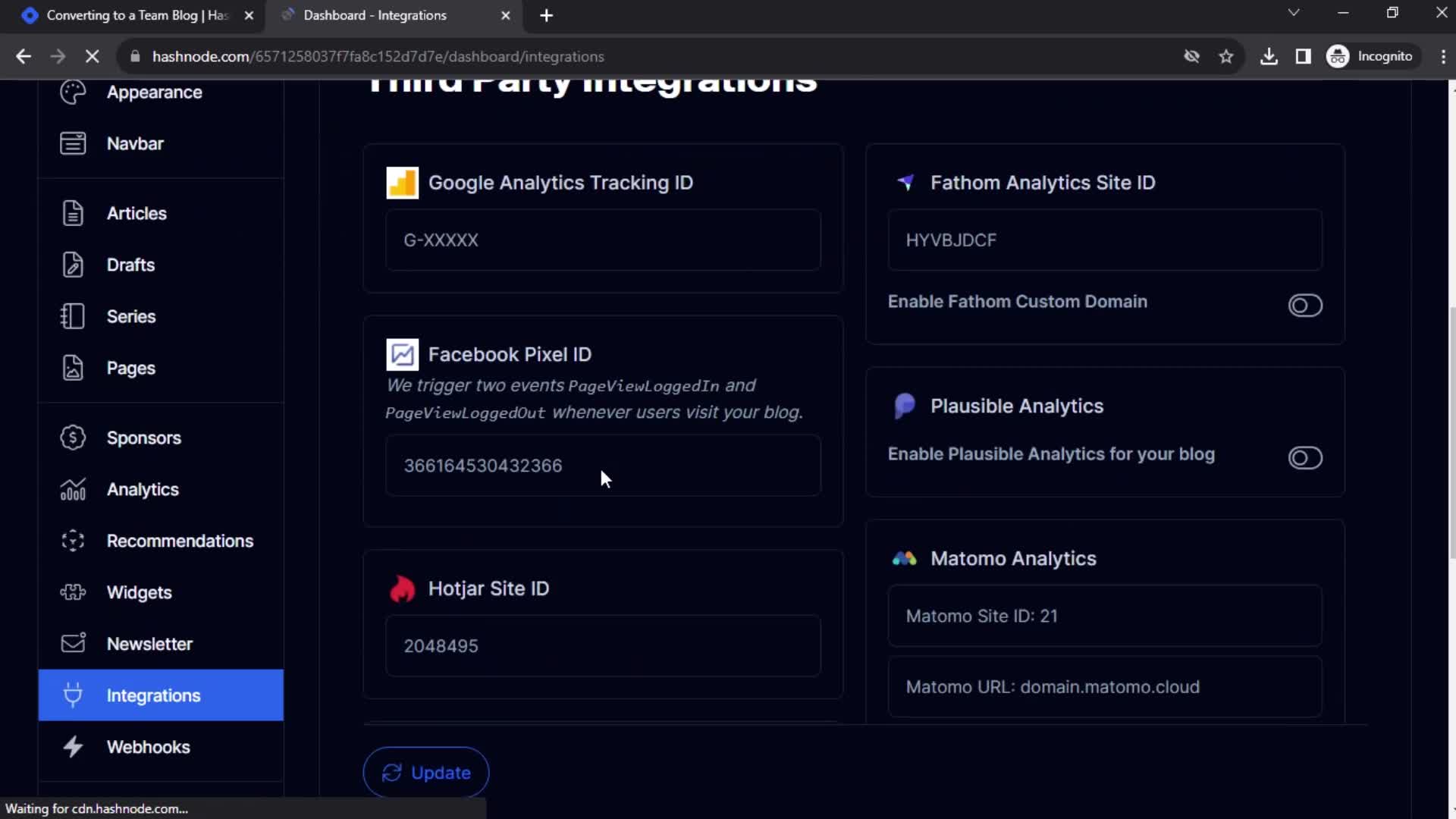 Hashnode integrations screenshot