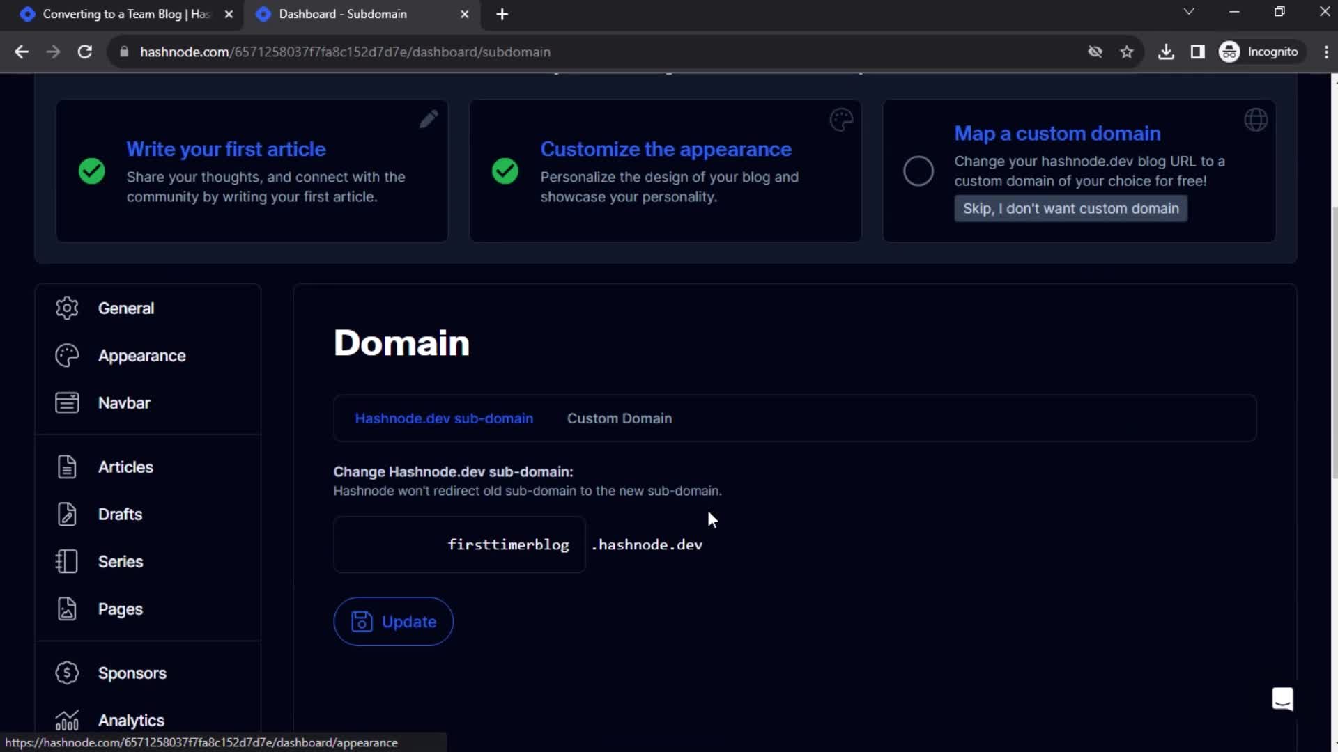Hashnode domain settings screenshot
