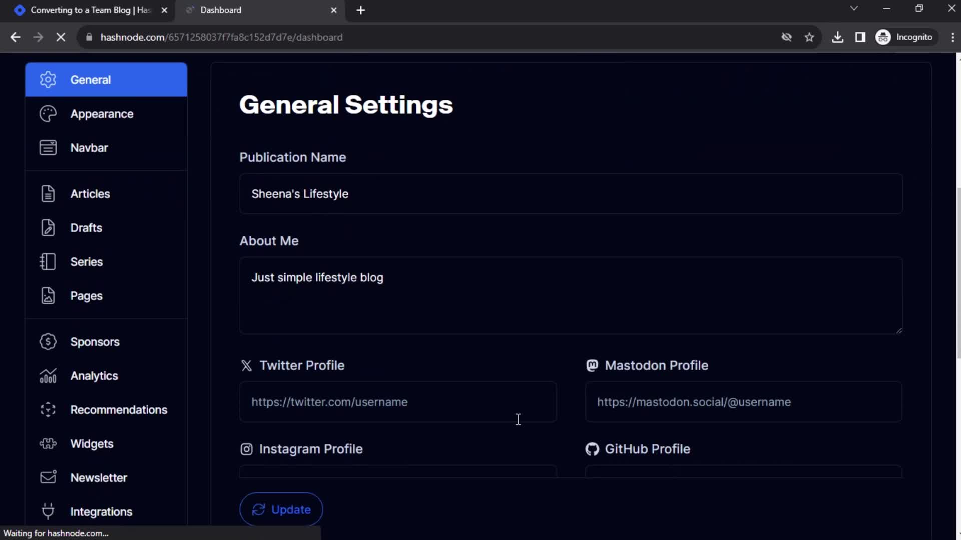 Hashnode general settings screenshot