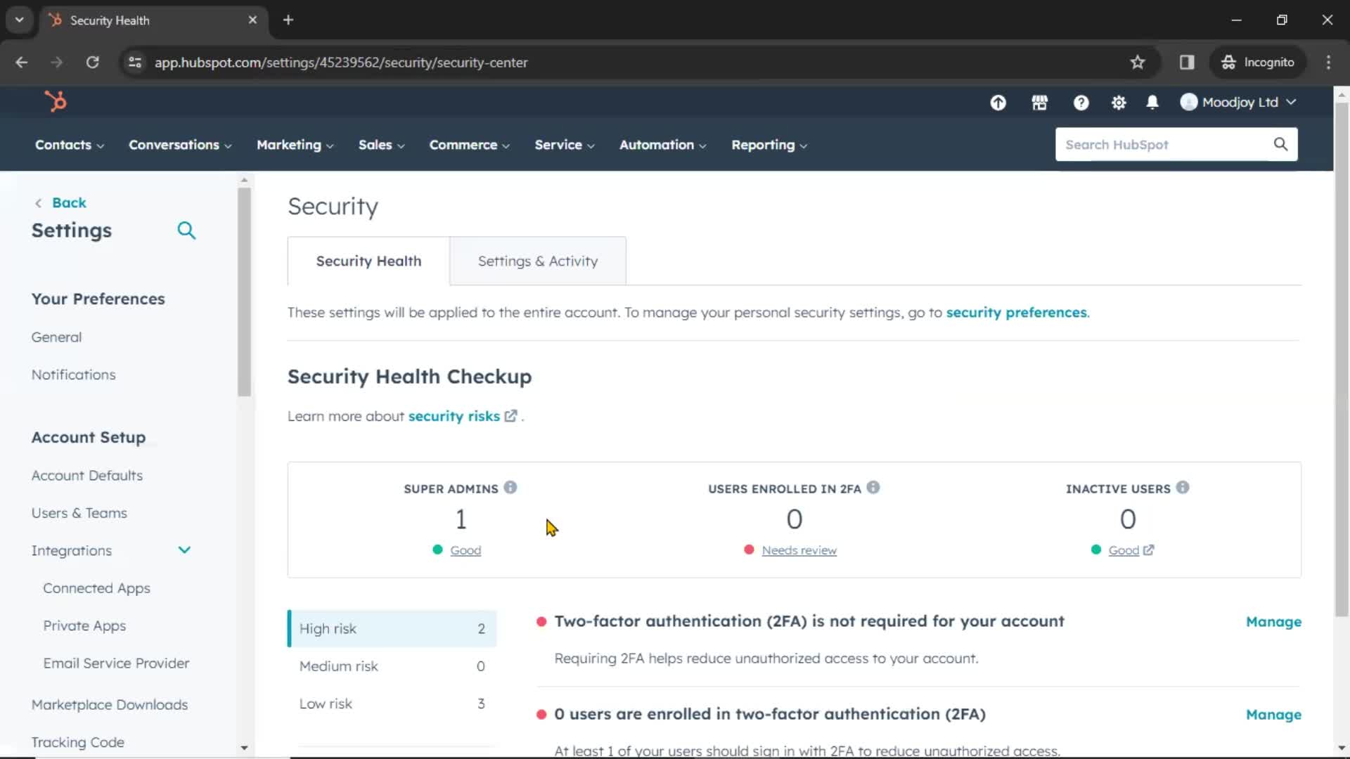 HubSpot CRM security settings screenshot
