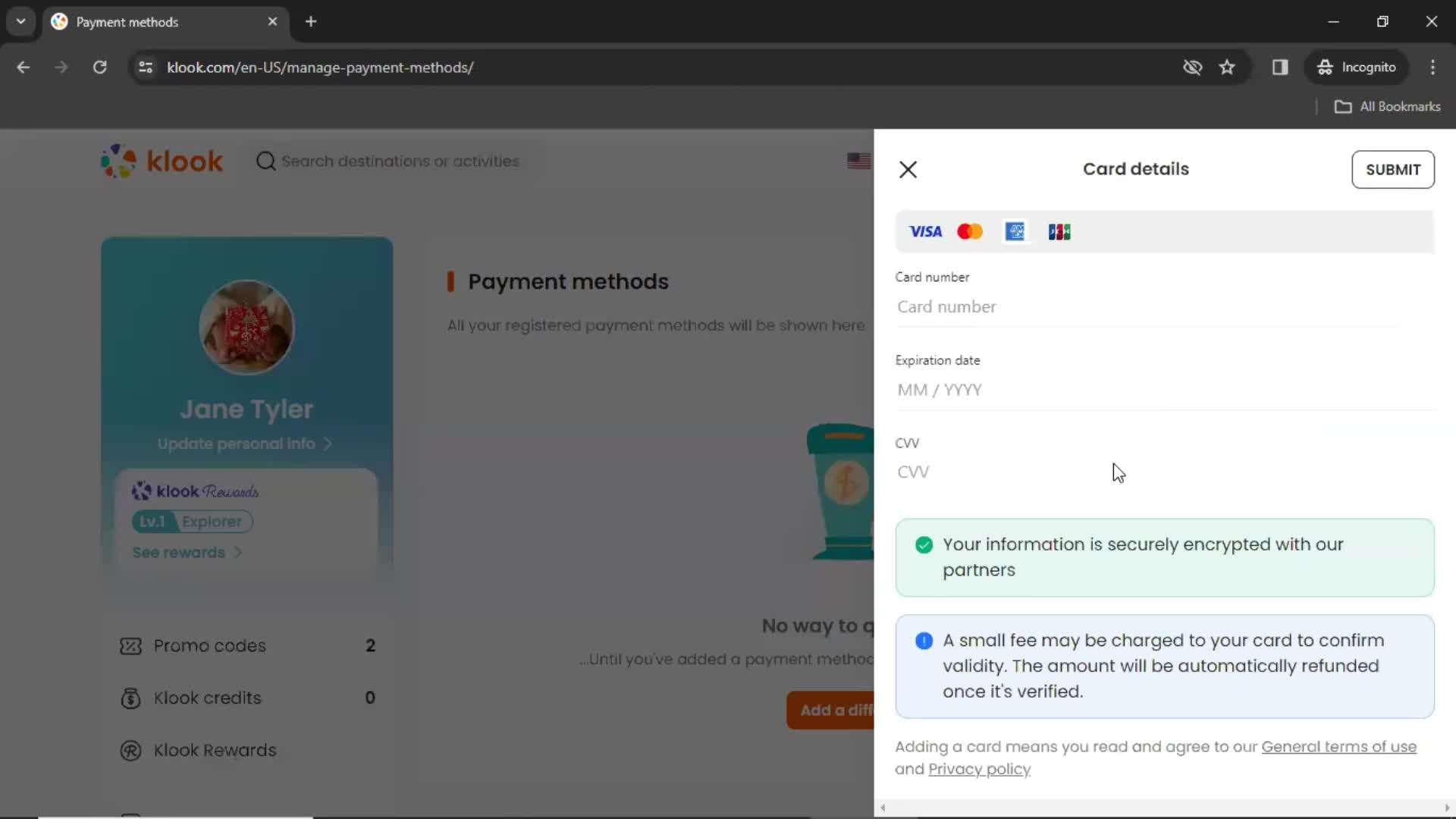 Klook add payment details screenshot
