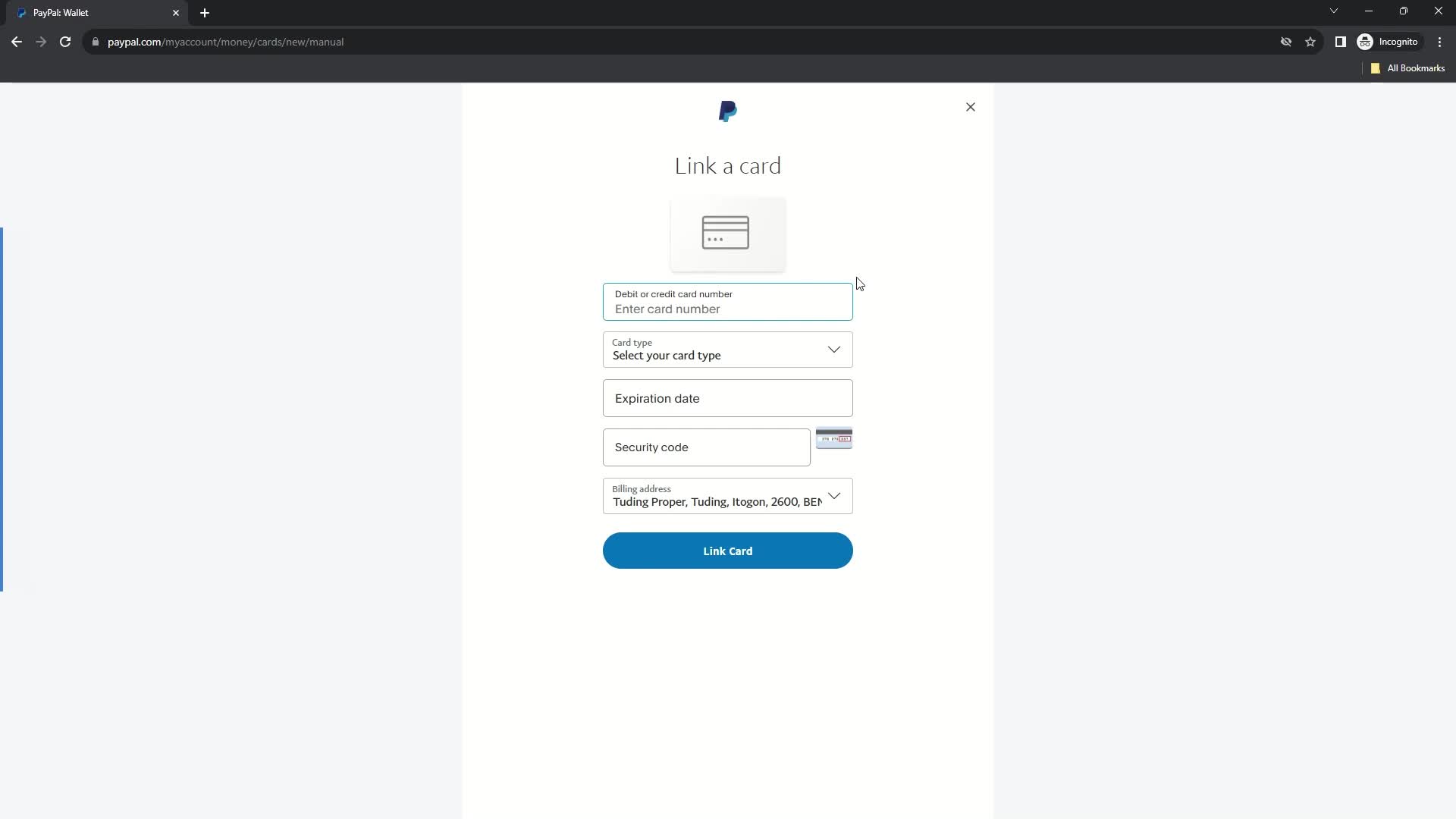 Screenshot of Add credit card on General browsing on PayPal user flow