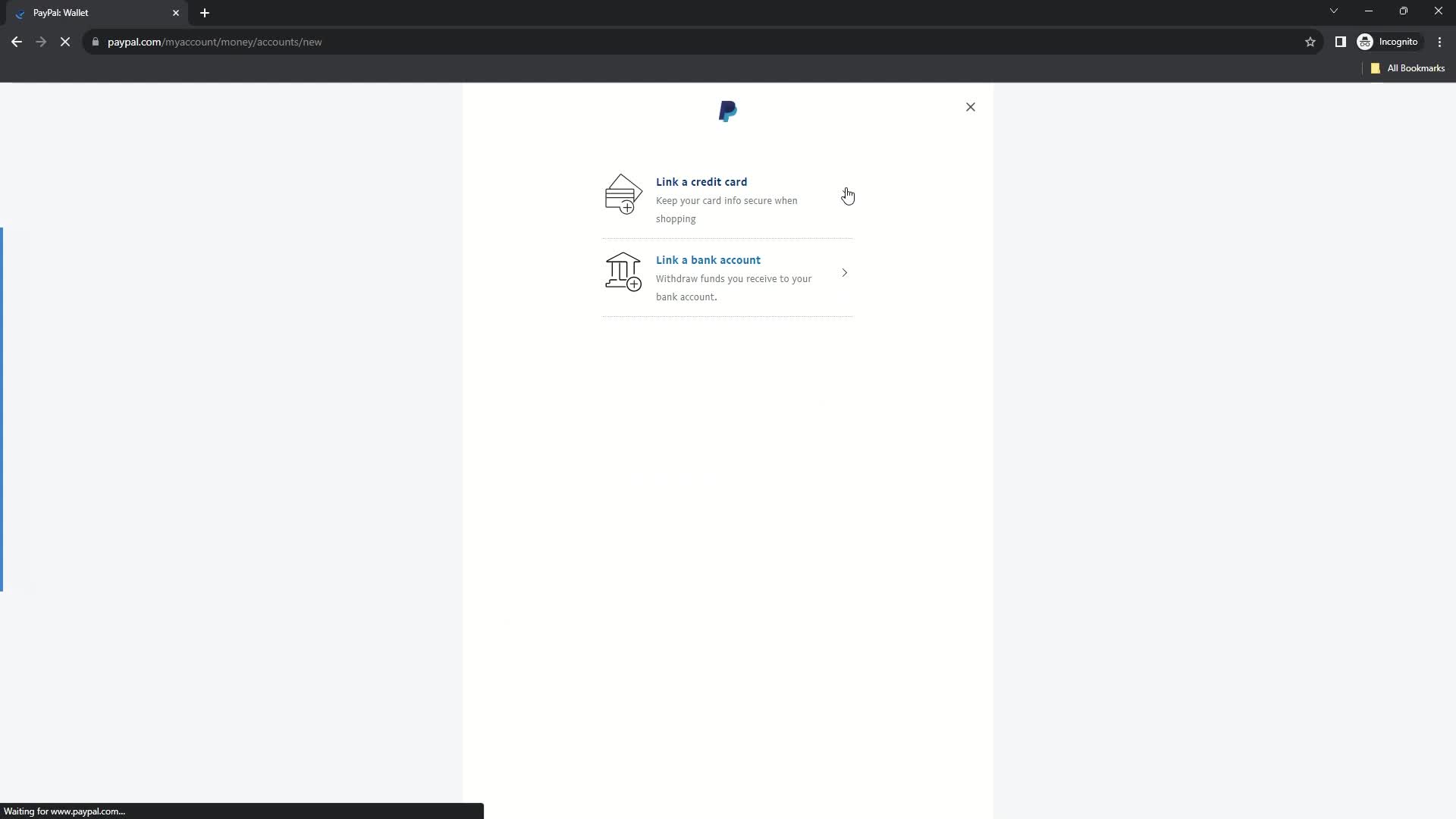 Screenshot of Select payment method on General browsing on PayPal user flow