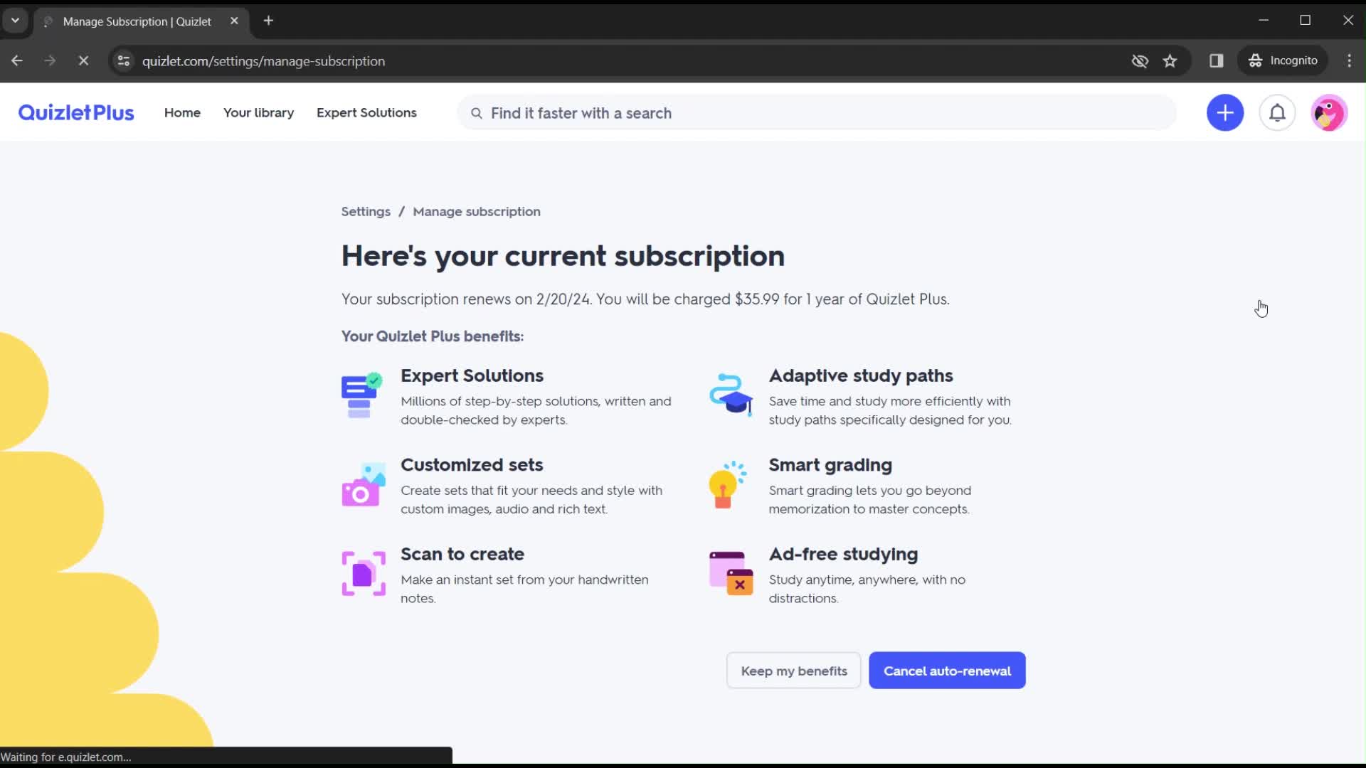 Quizlet manage subscription screenshot