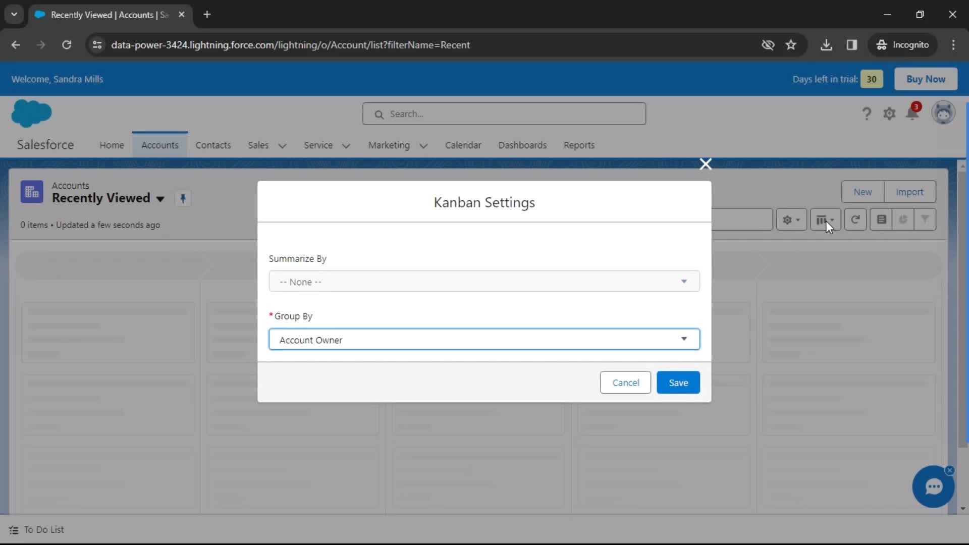 Salesforce kanban settings screenshot
