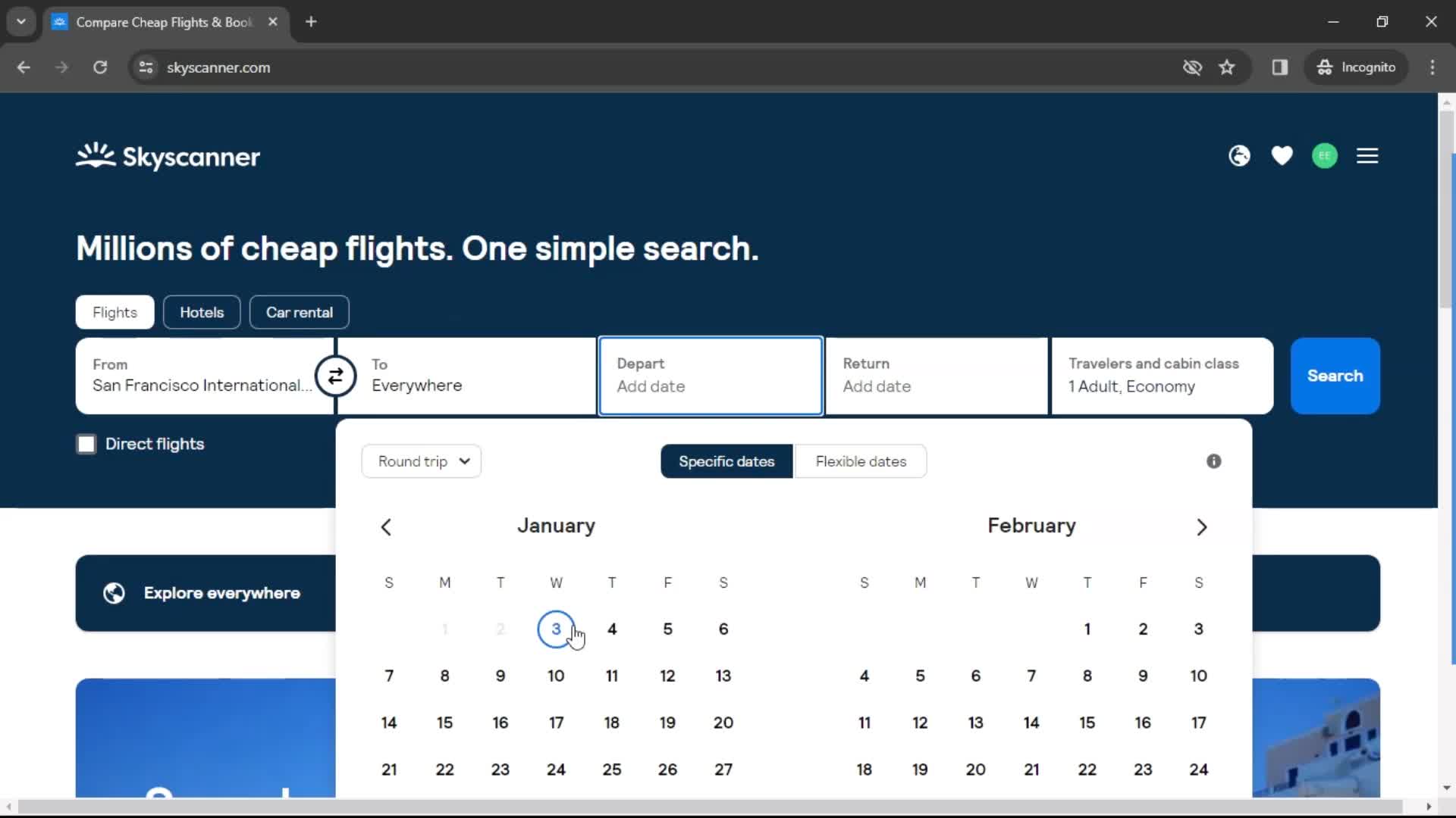 Skyscanner select dates screenshot