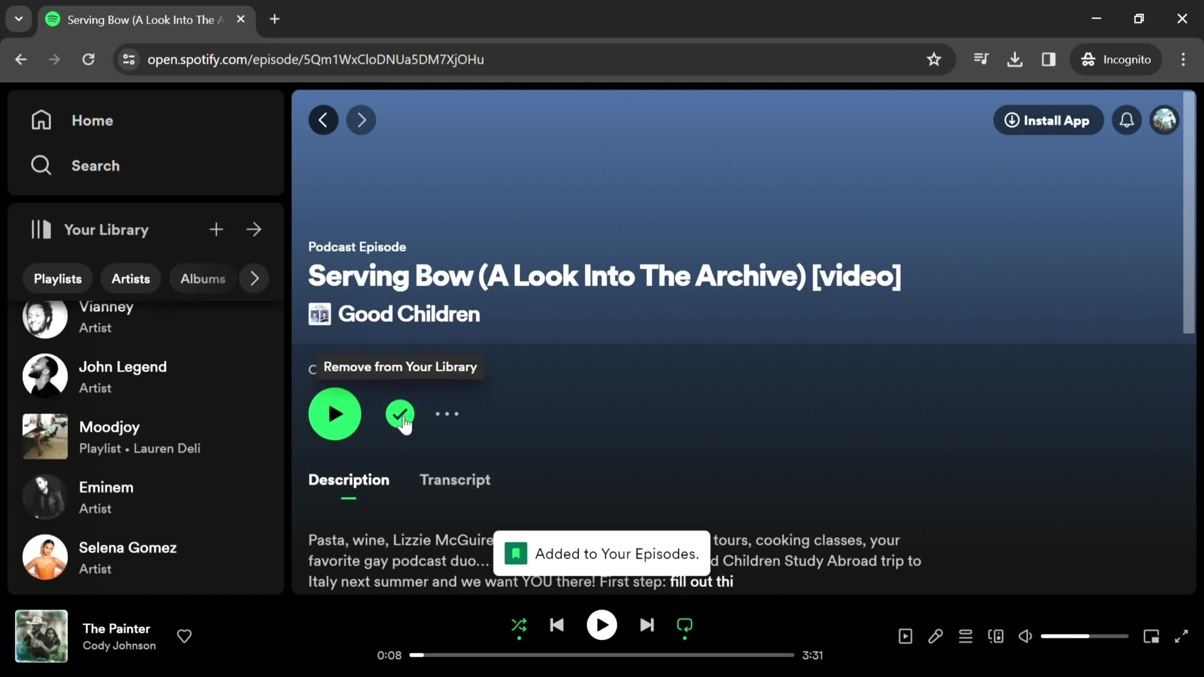 Spotify added to library screenshot