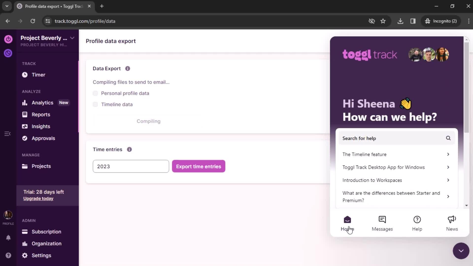 Toggl Track support chat screenshot