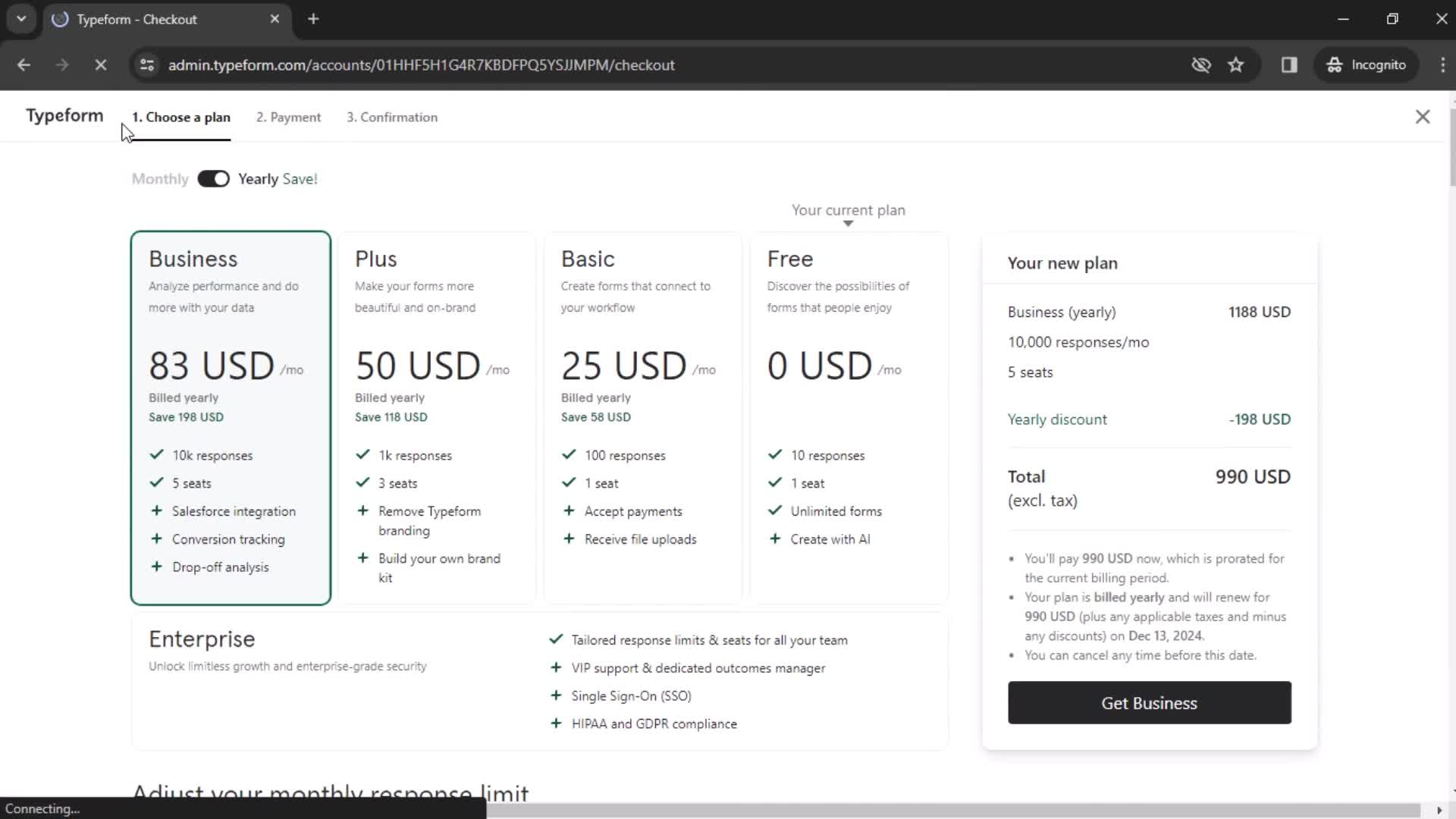 Typeform premium plan details screenshot