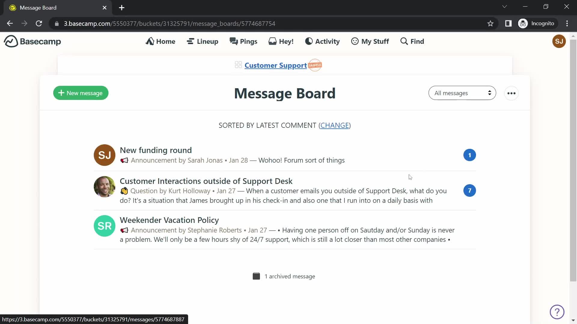 Basecamp message board screenshot