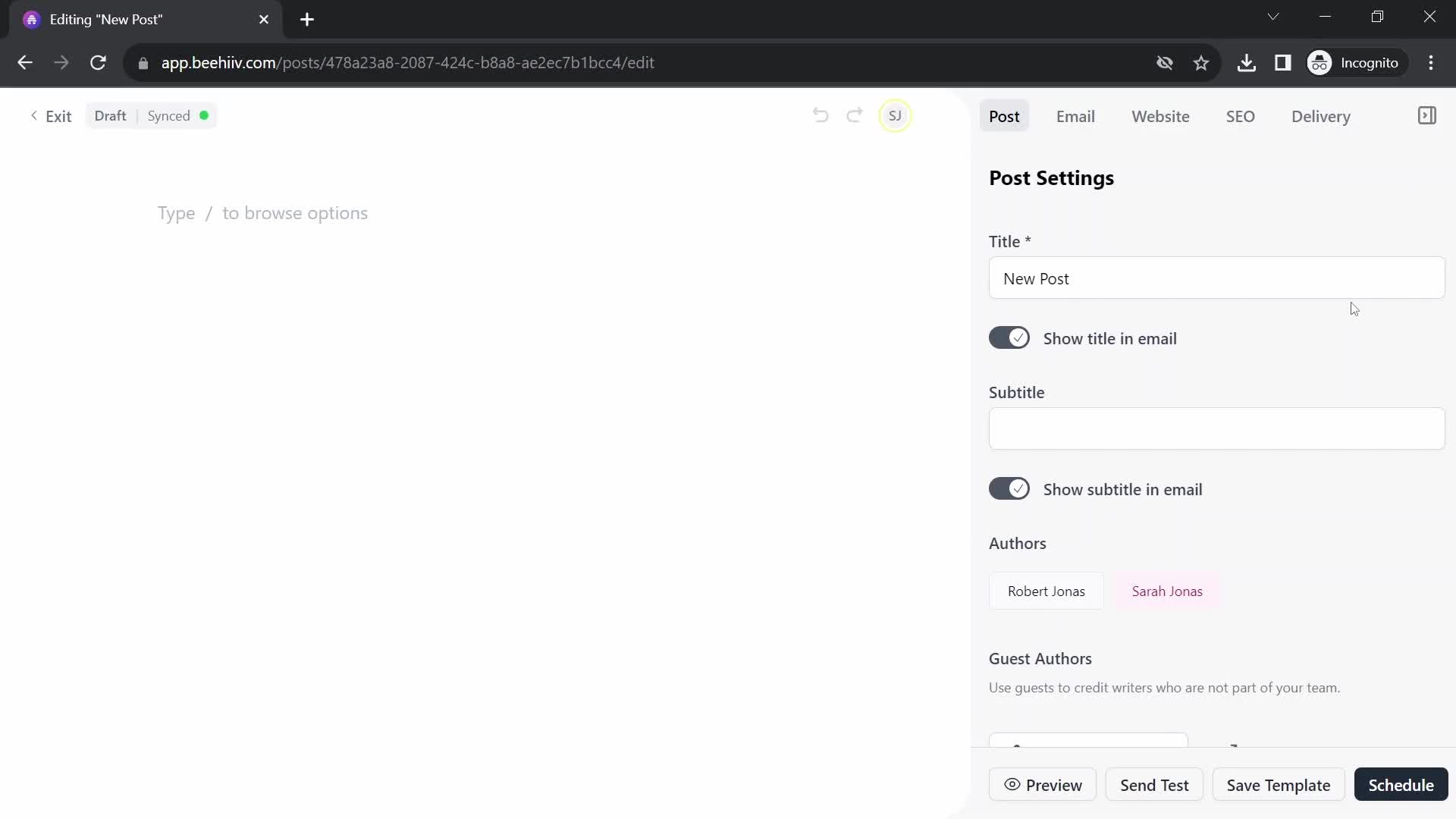 Screenshot of Create post on General browsing on Beehiiv user flow