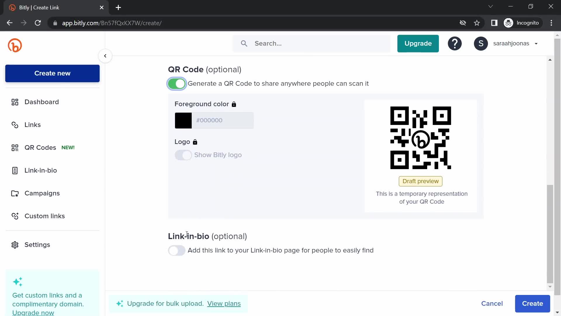 Screenshot of Create QR code on General browsing on Bitly user flow