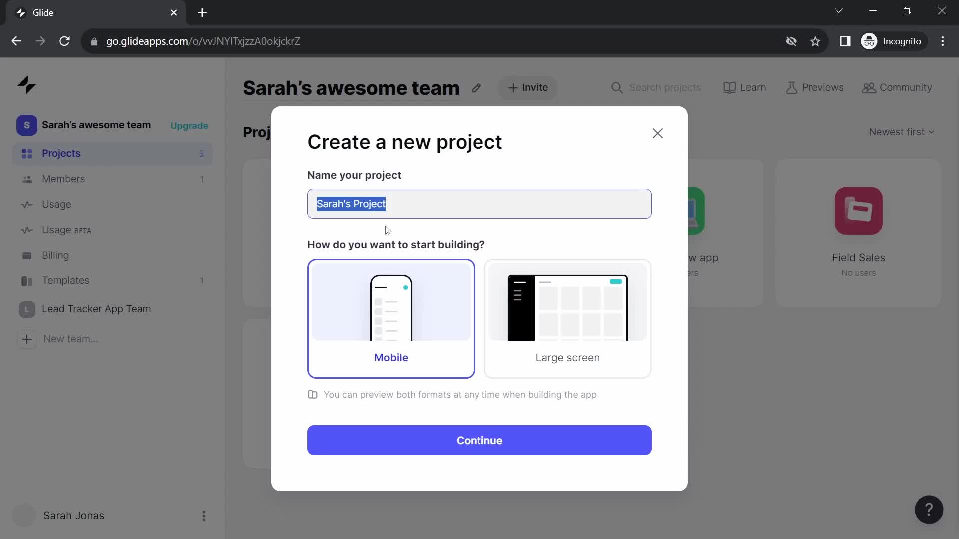 Glide create project screenshot