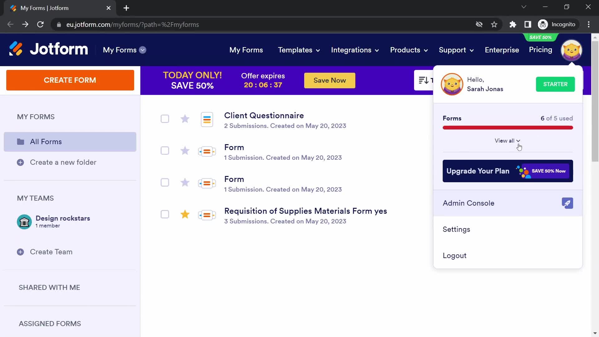 Jotform account menu screenshot