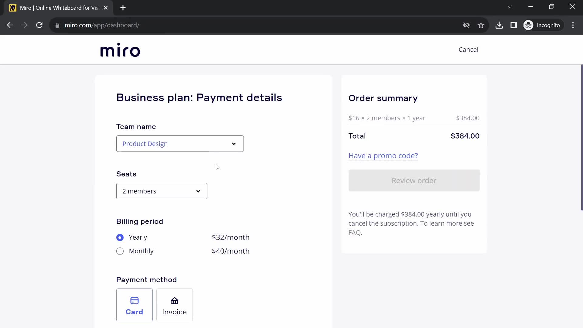 Miro add payment details screenshot