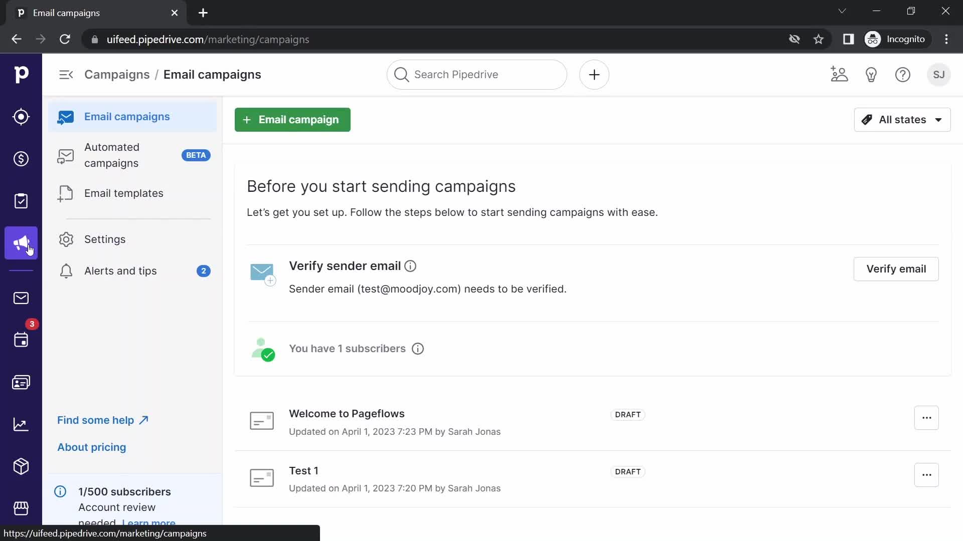 Pipedrive email campaigns screenshot