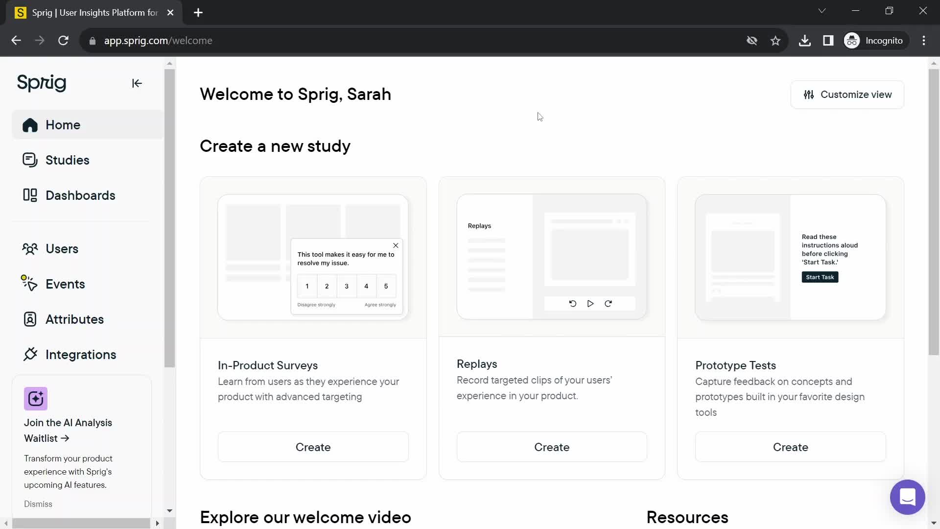Screenshot of Home on General browsing on Sprig user flow