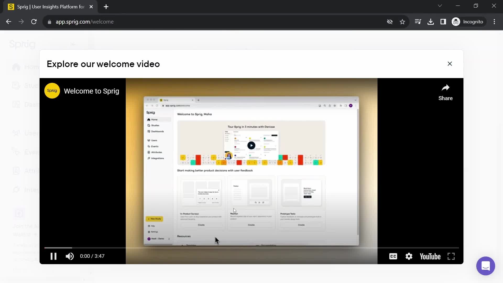 Screenshot of Welcome video on General browsing on Sprig user flow