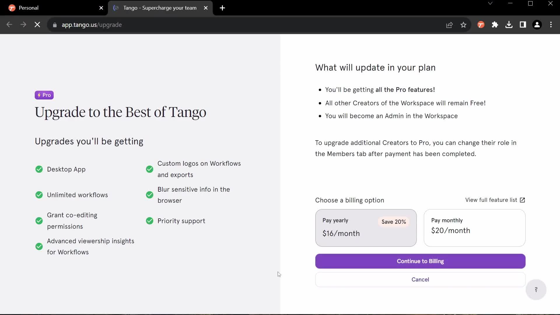 Screenshot of Select plan on General browsing on Tango user flow