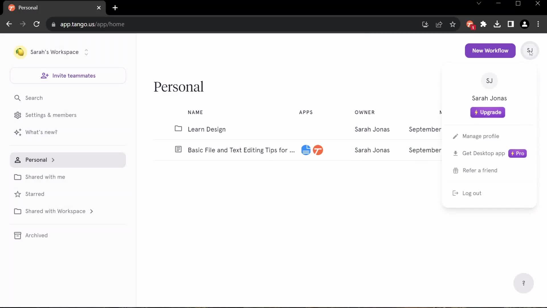 Screenshot of Account menu on General browsing on Tango user flow
