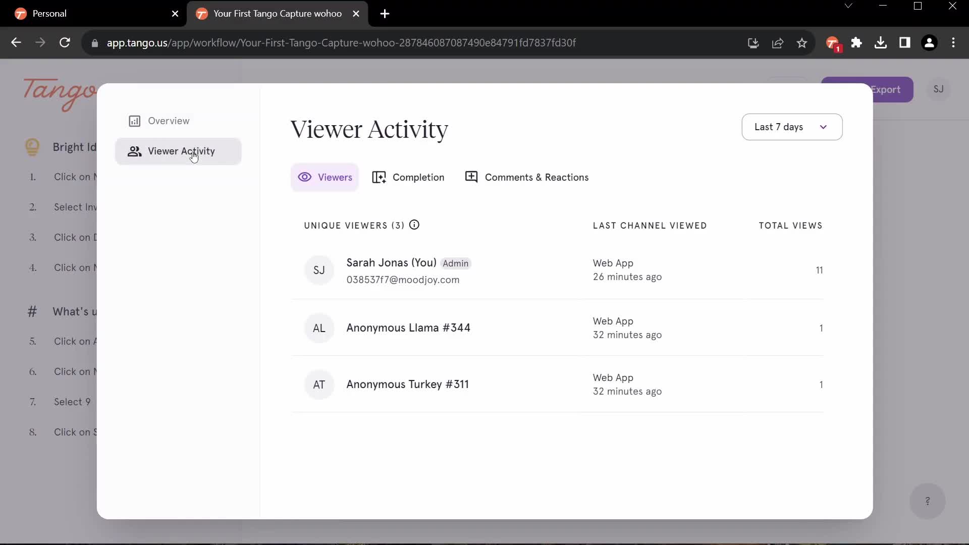 Screenshot of Activity details on General browsing on Tango user flow