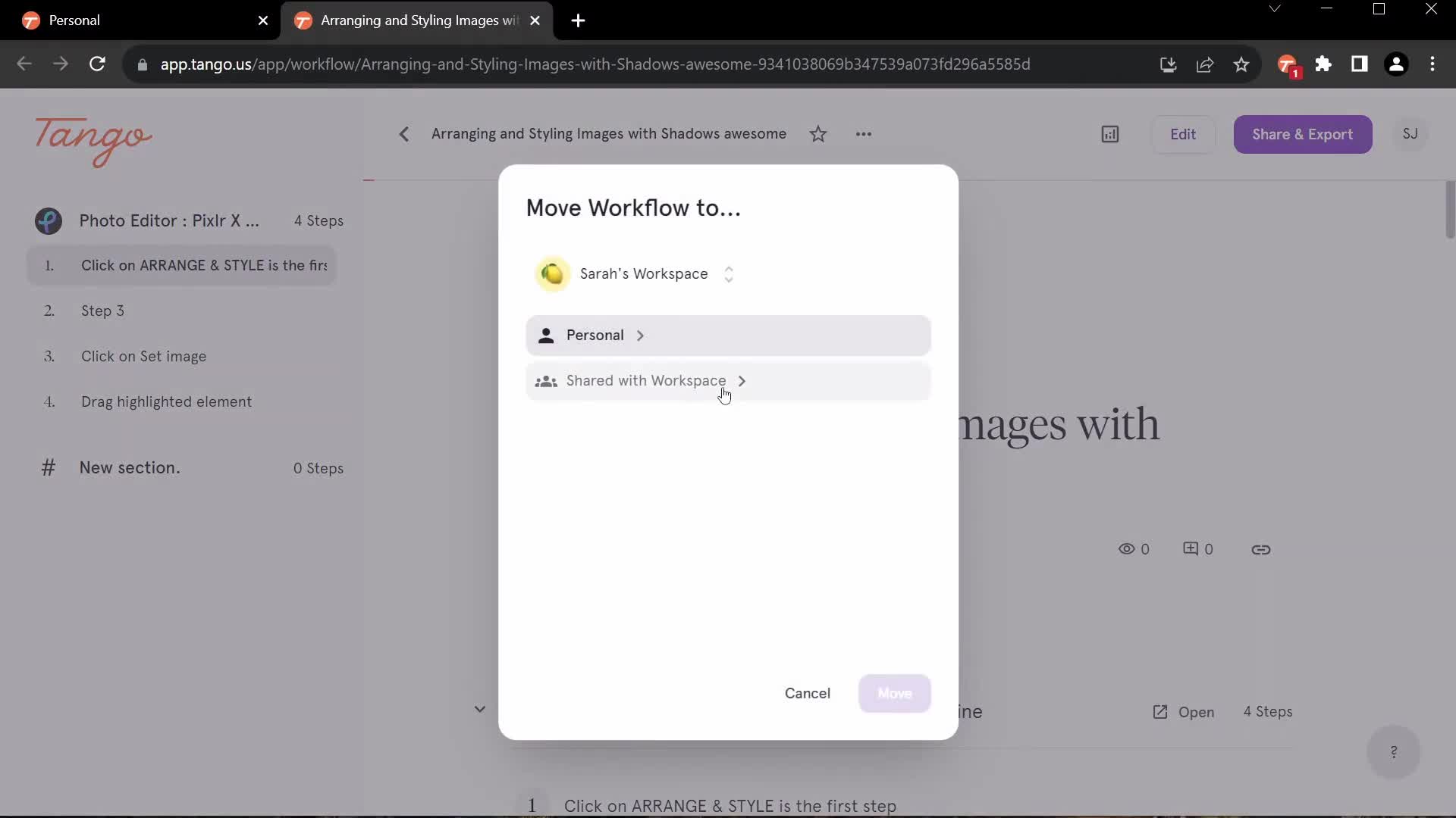 Screenshot of Move item on General browsing on Tango user flow