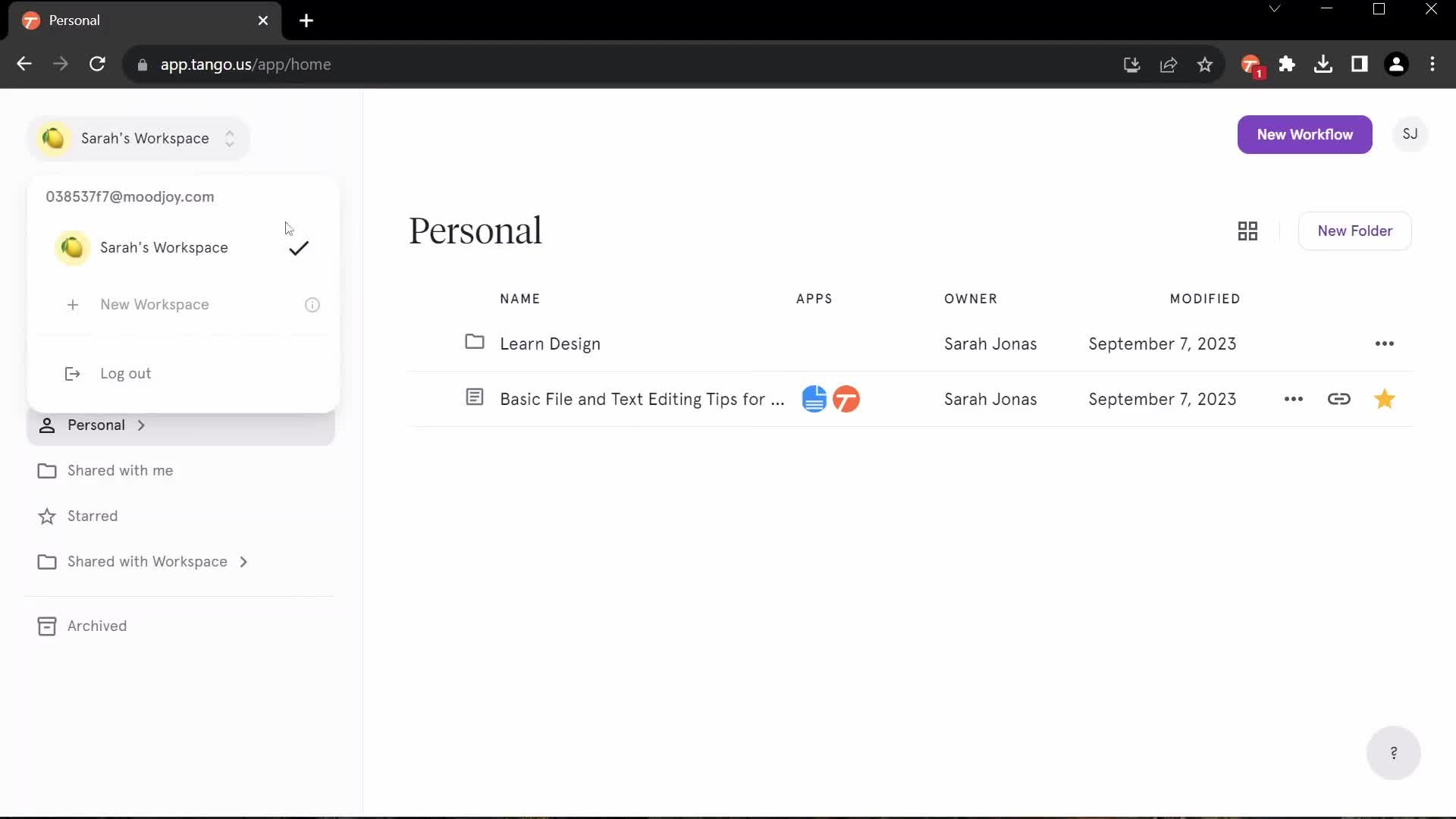 Screenshot of Select workspace on General browsing on Tango user flow