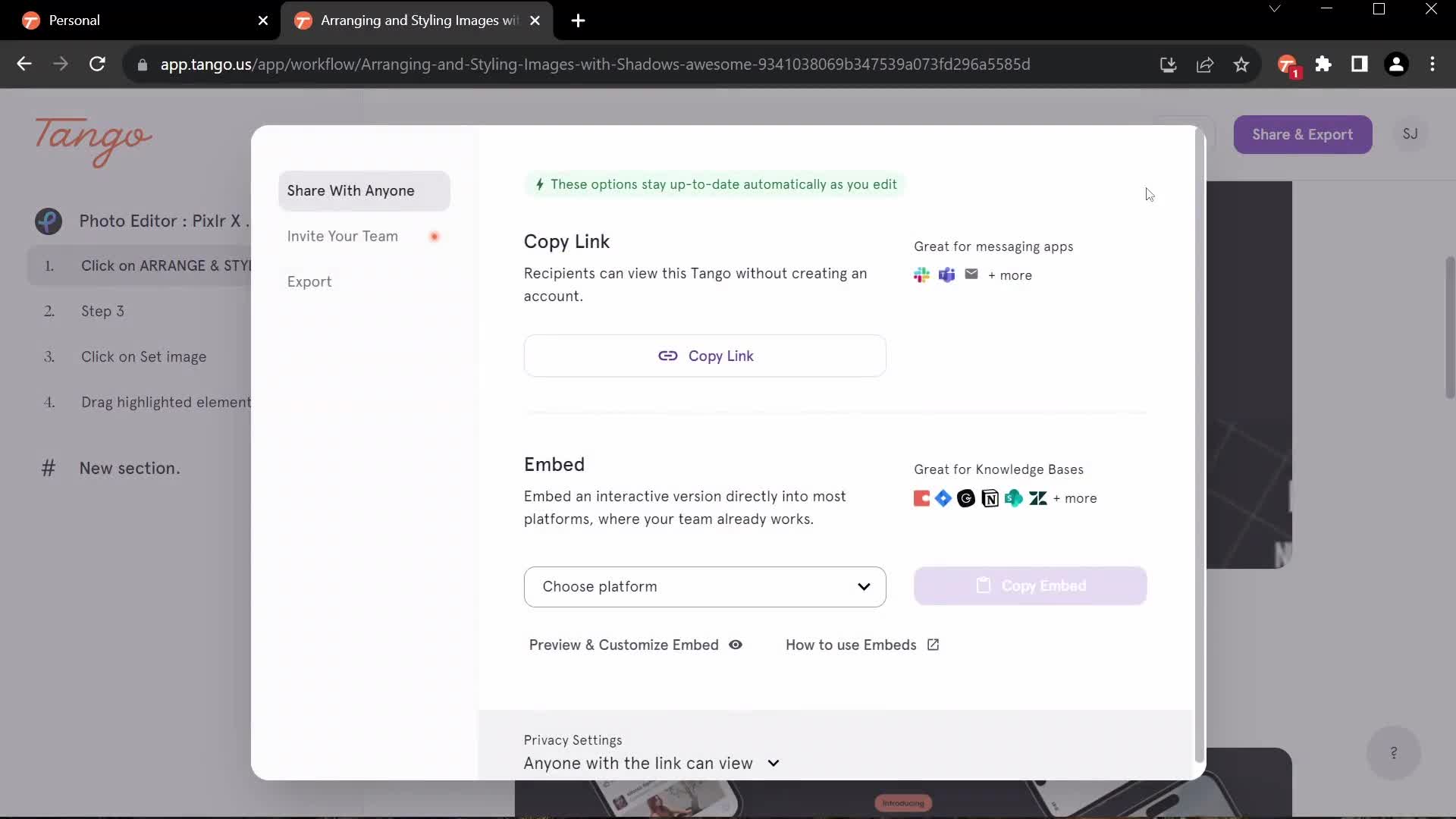 Screenshot of Share on General browsing on Tango user flow