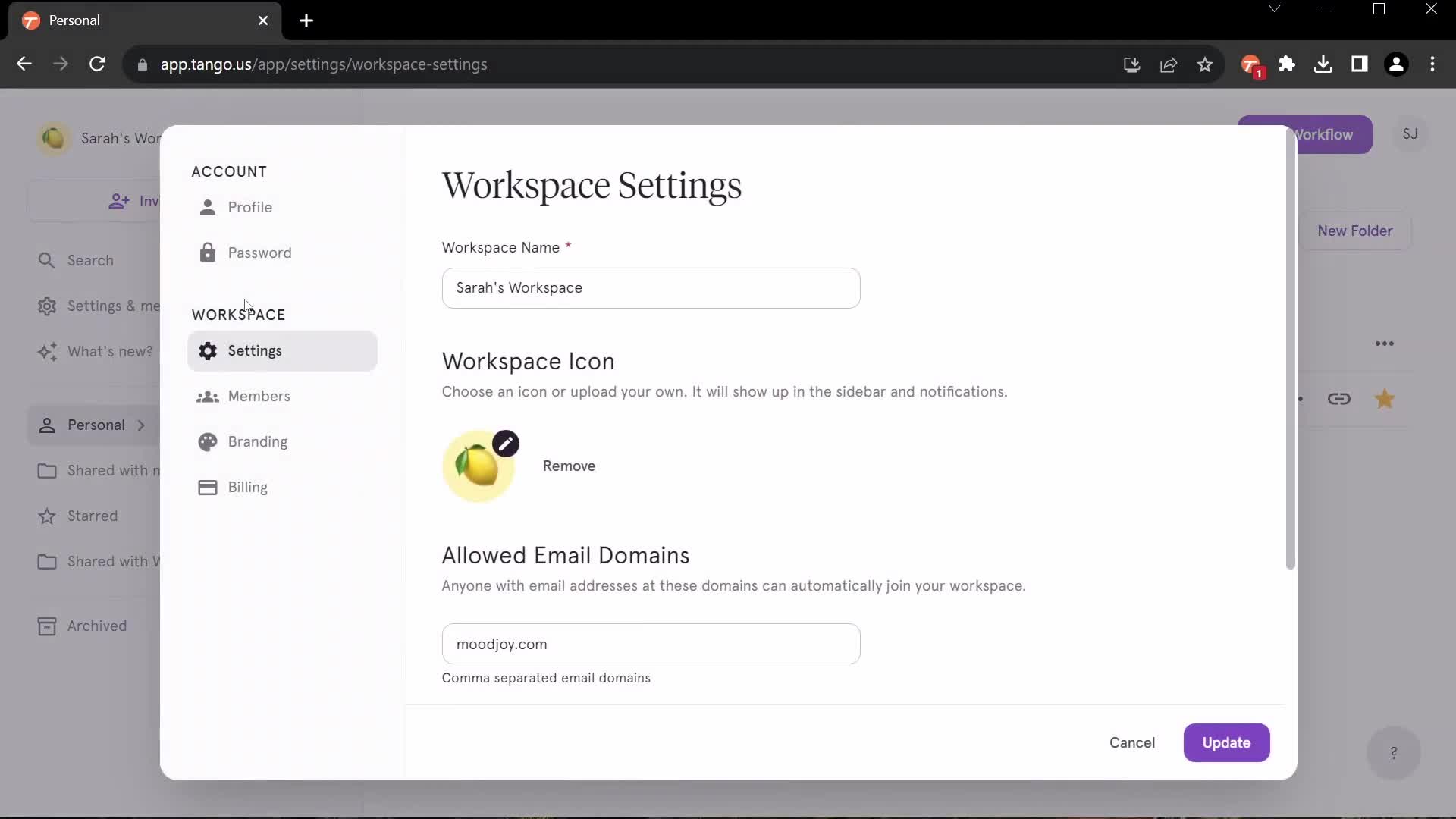 Screenshot of Workspace settings on General browsing on Tango user flow