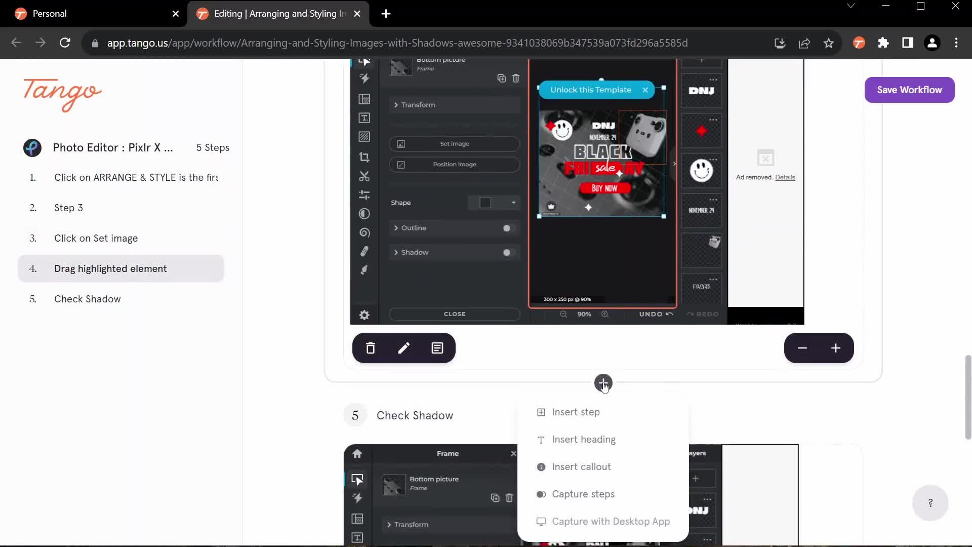 Screenshot of Add element on General browsing on Tango user flow