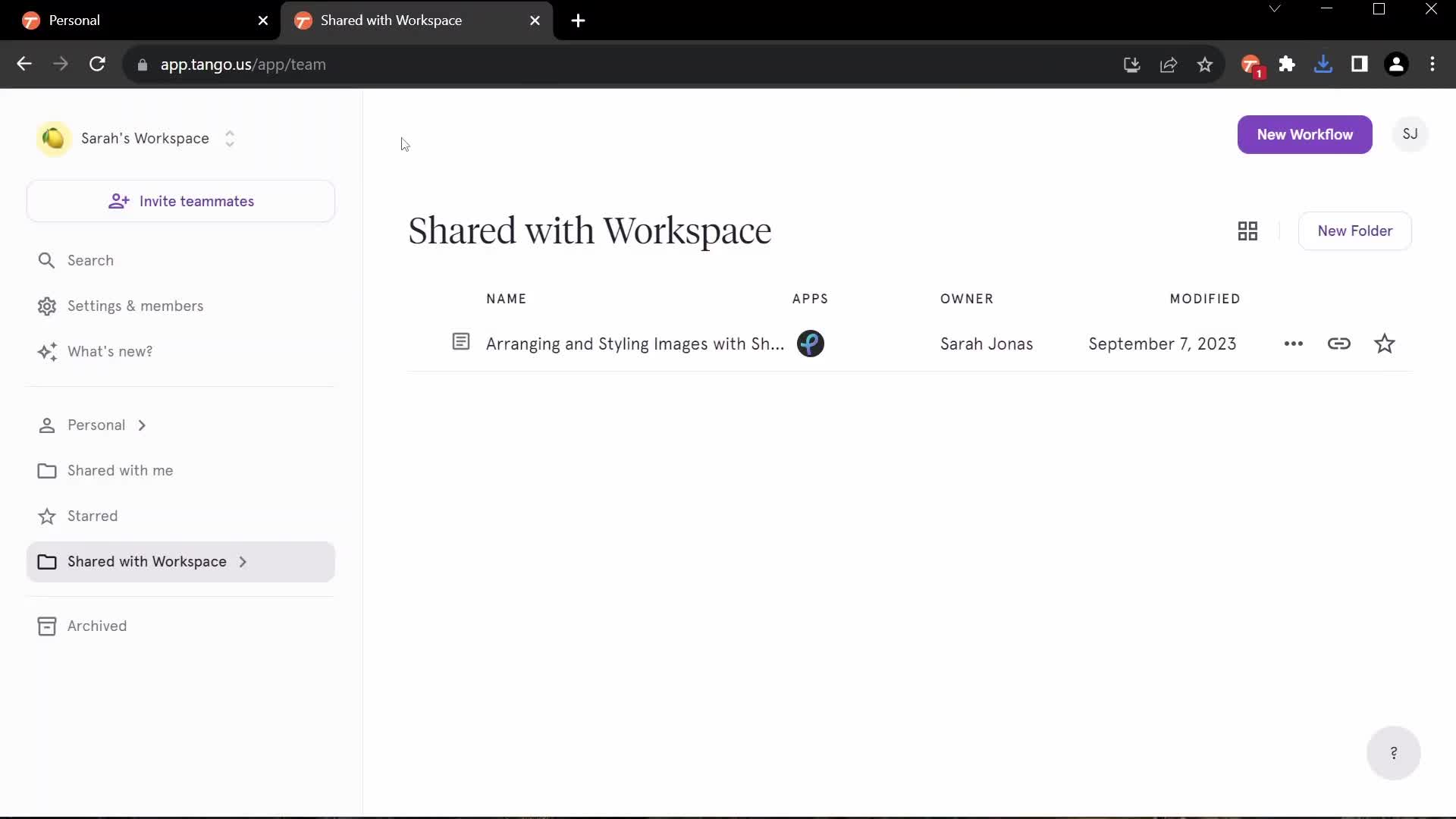 Screenshot of Workspace on General browsing on Tango user flow