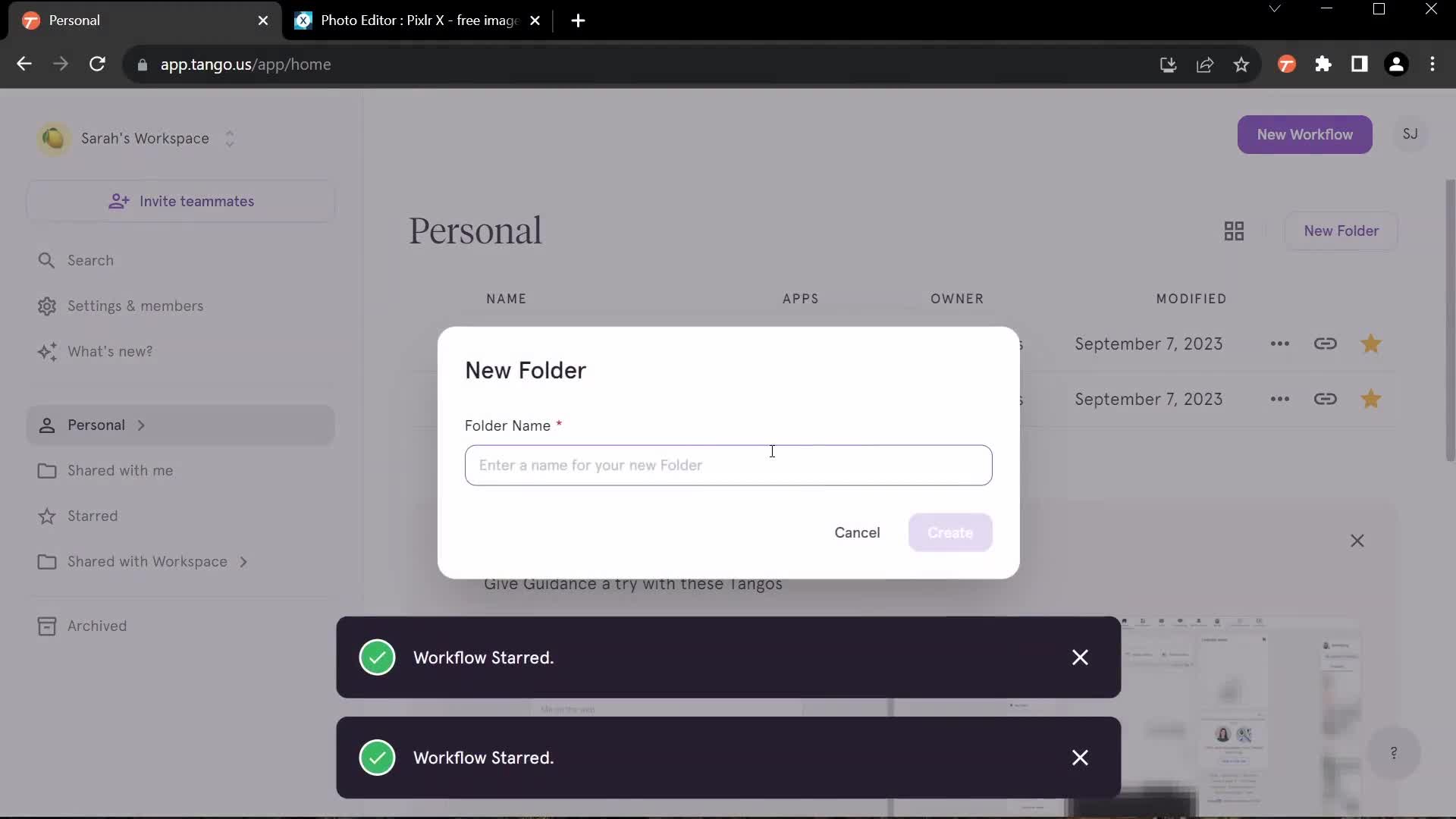 Screenshot of Create folder on General browsing on Tango user flow
