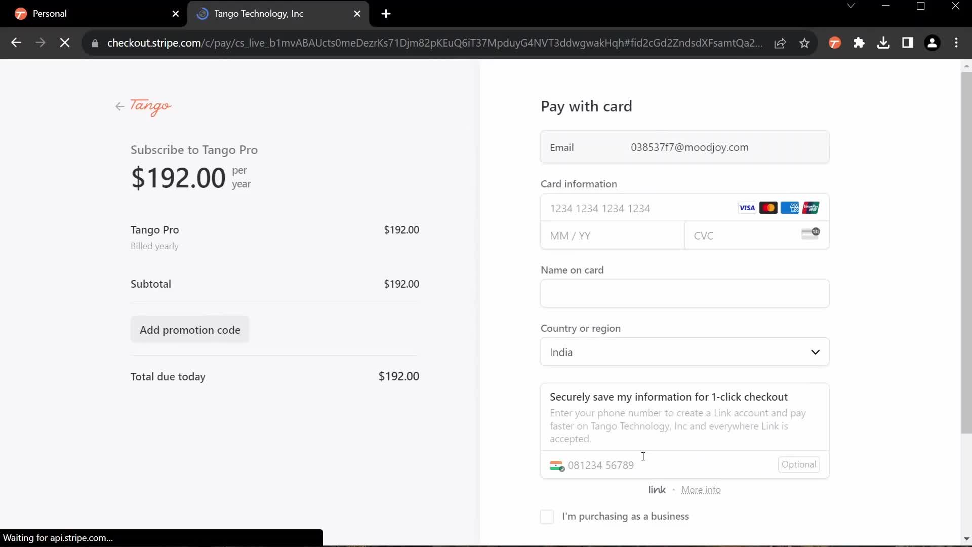 Screenshot of Add payment details on General browsing on Tango user flow