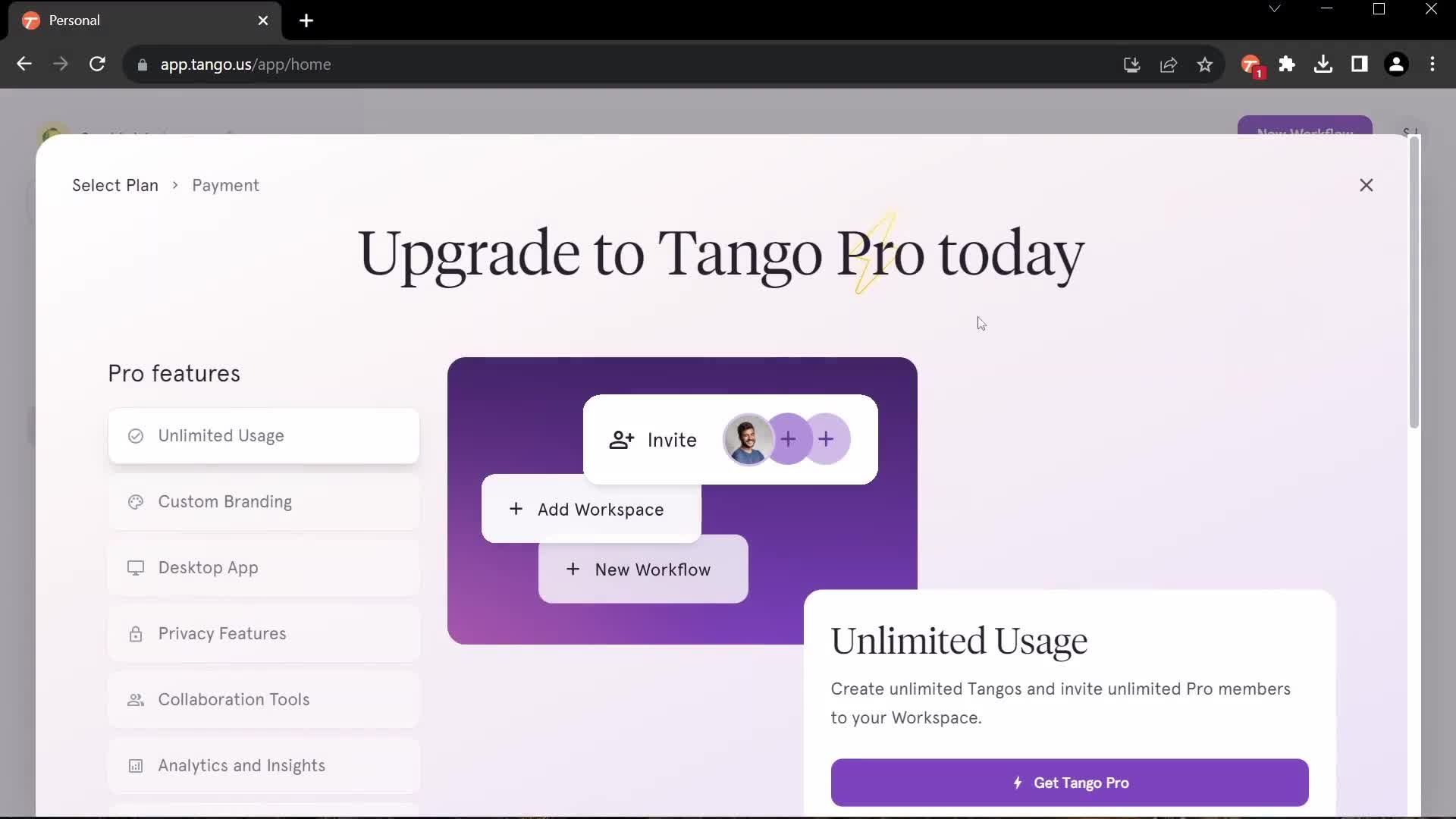 Screenshot of Upgrade on General browsing on Tango user flow