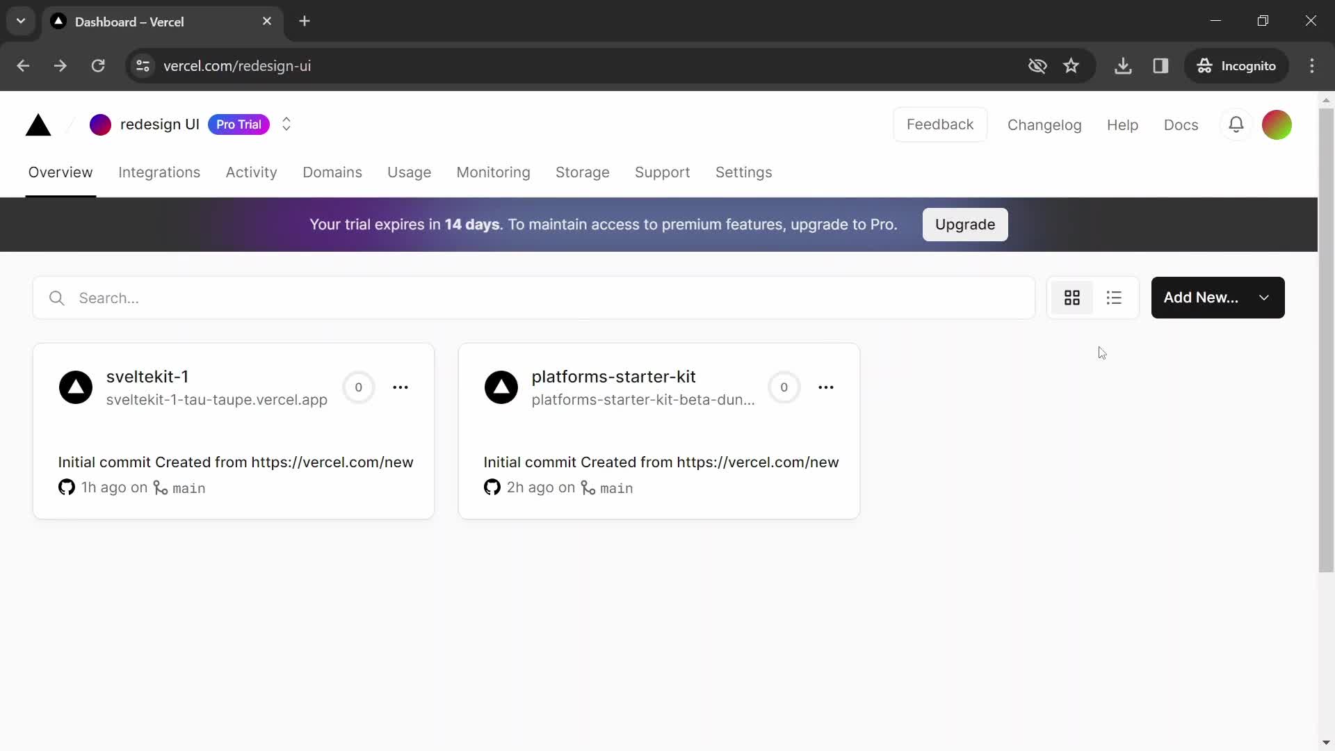 Screenshot of Dashboard on General browsing on Vercel user flow