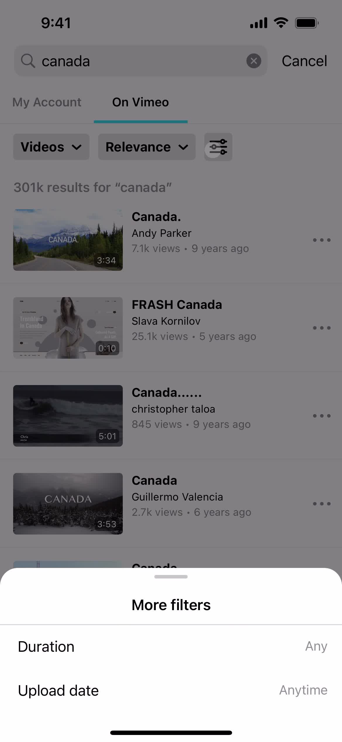 Vimeo filters screenshot