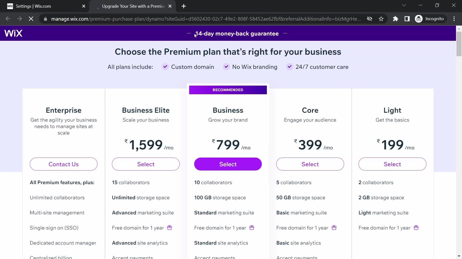 Wix pricing & plans screenshot