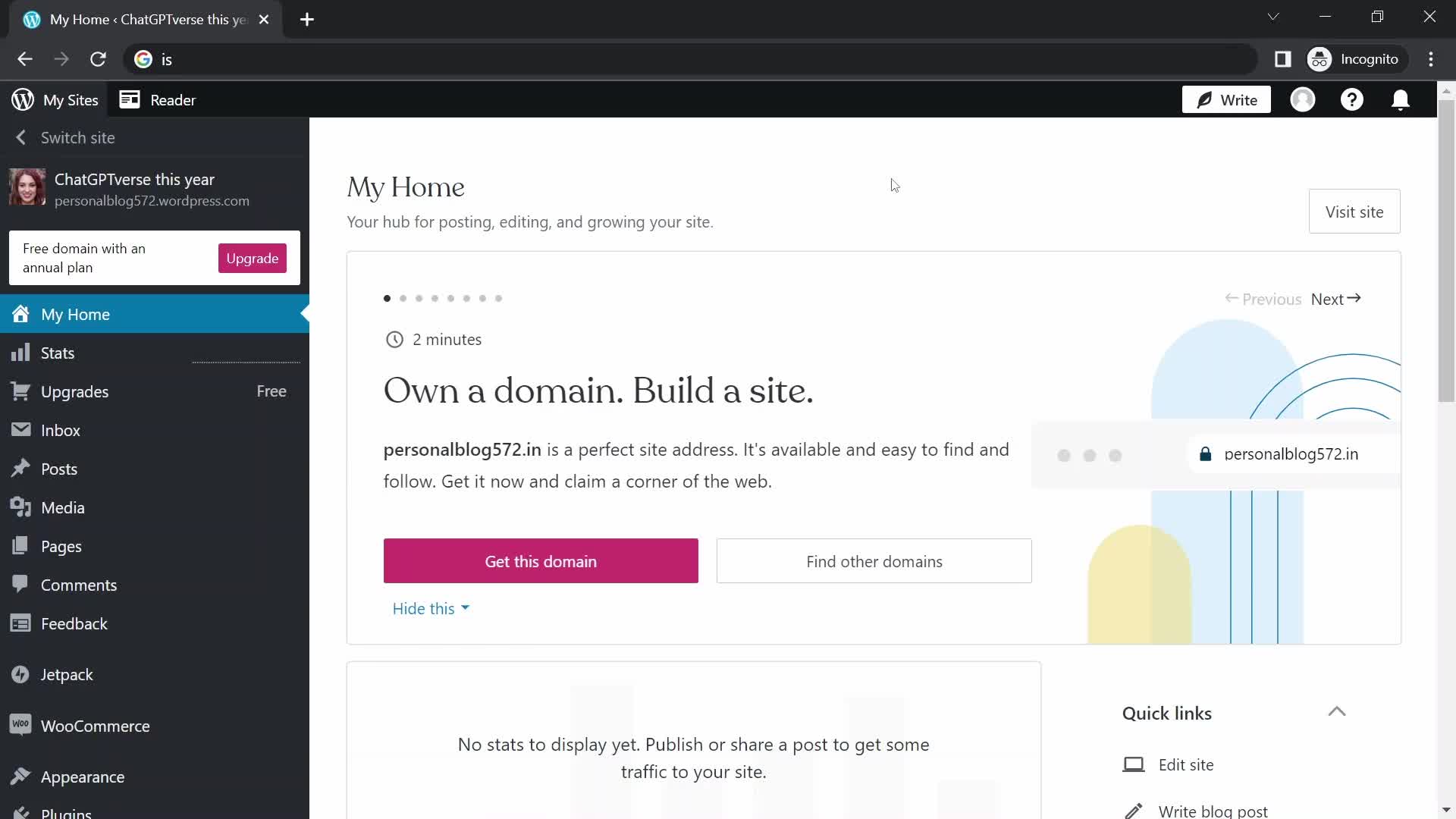 Screenshot of Dashboard on General browsing on WordPress user flow