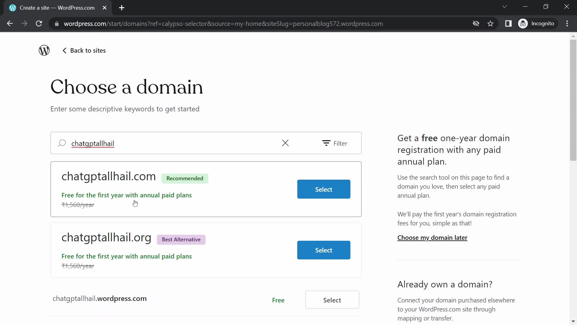 Screenshot of Select domain on General browsing on WordPress user flow