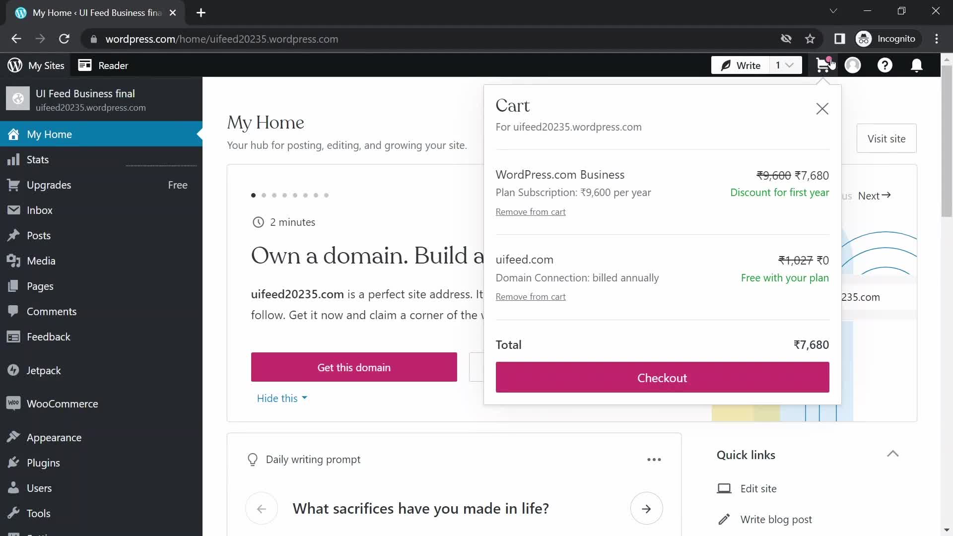 WordPress shopping cart screenshot