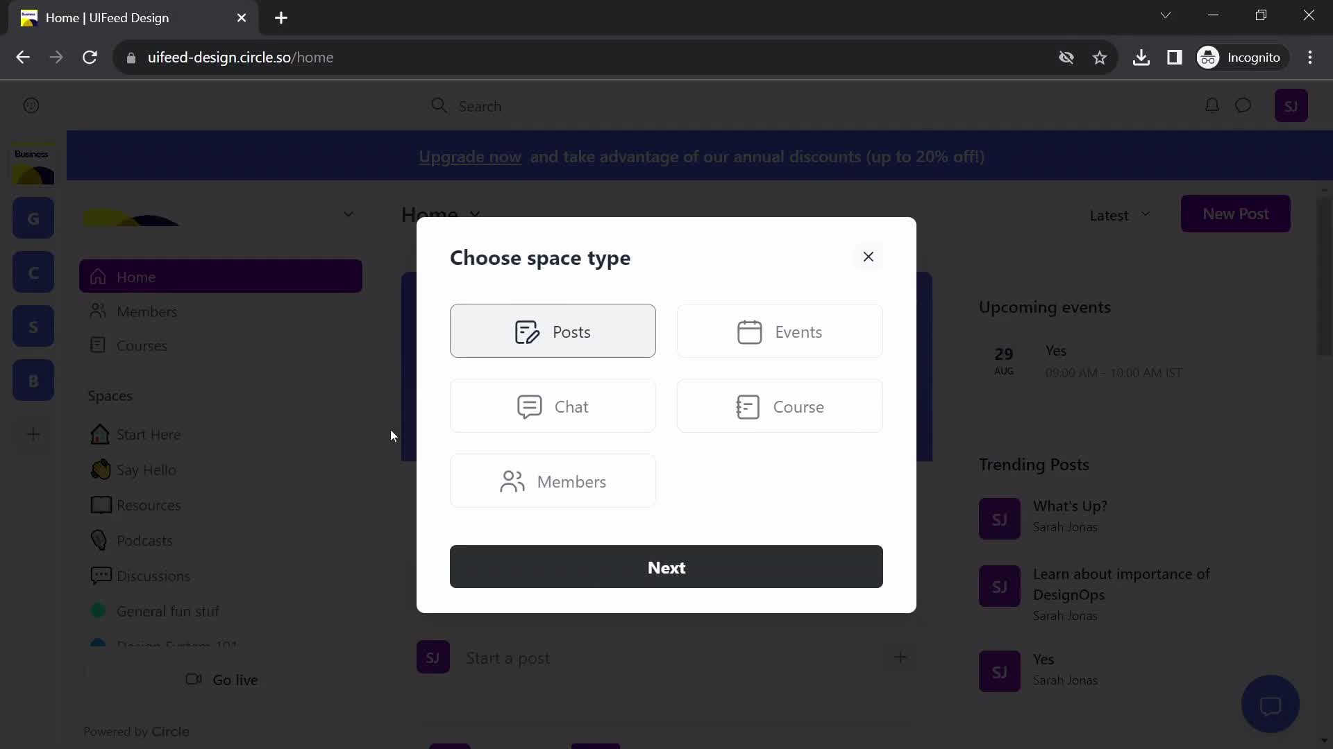 Screenshot of Select type on General browsing on Circle user flow