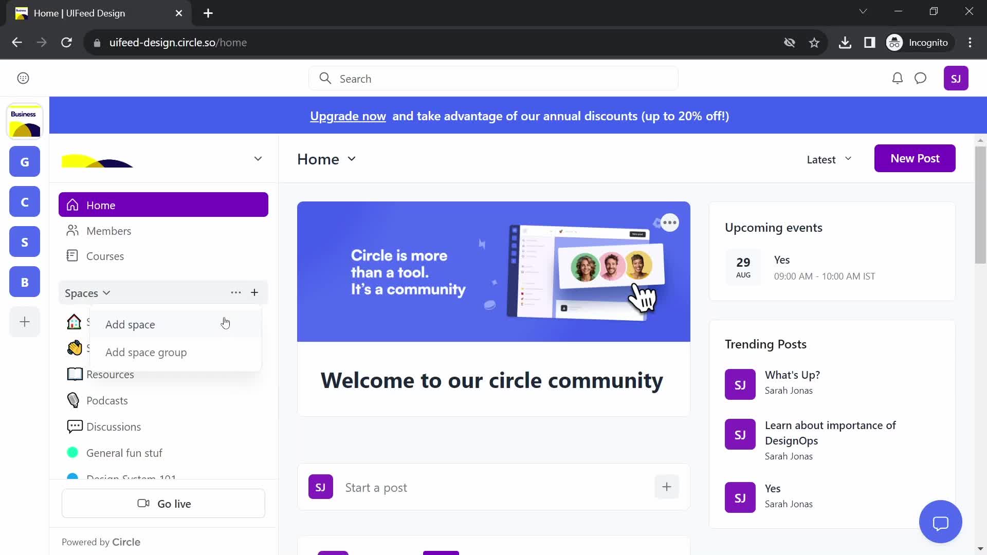 Screenshot of Create space on General browsing on Circle user flow