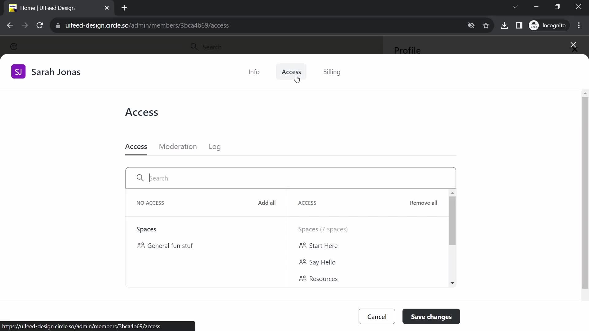 Circle set access permissions screenshot